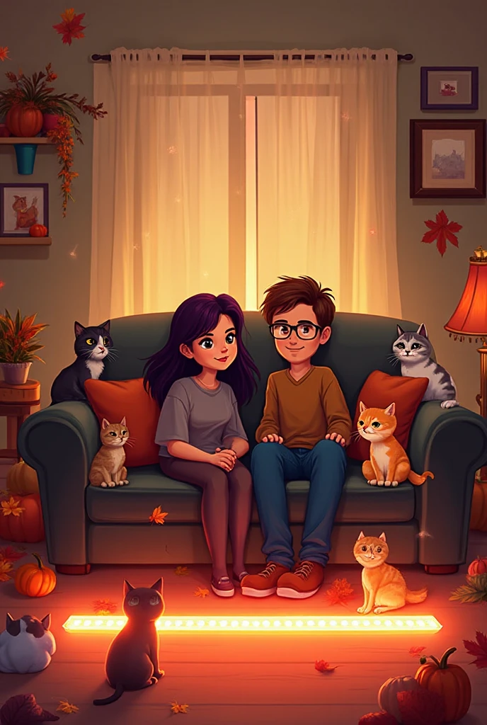On a Disney Pixar-style movie poster, um jovem casal e dois gatos compartilham momentos aconchegantes em seu pequeno apartamento. O magro, Branco man, wearing a preto shirt, sports short preto hair and a trimmed beard. A mulher, With eye Glasses, tem muito tempo, preto, e cabelos lindamente cacheados. sitting on couch, the two adorable cats, one preto and Branco, e o outro exibindo uma charmosa mistura de laranja, Branco, verde, and preto, complete a cena encantadora. Uma imagem que captura a simplicidade e a magia do amor cotidiano.