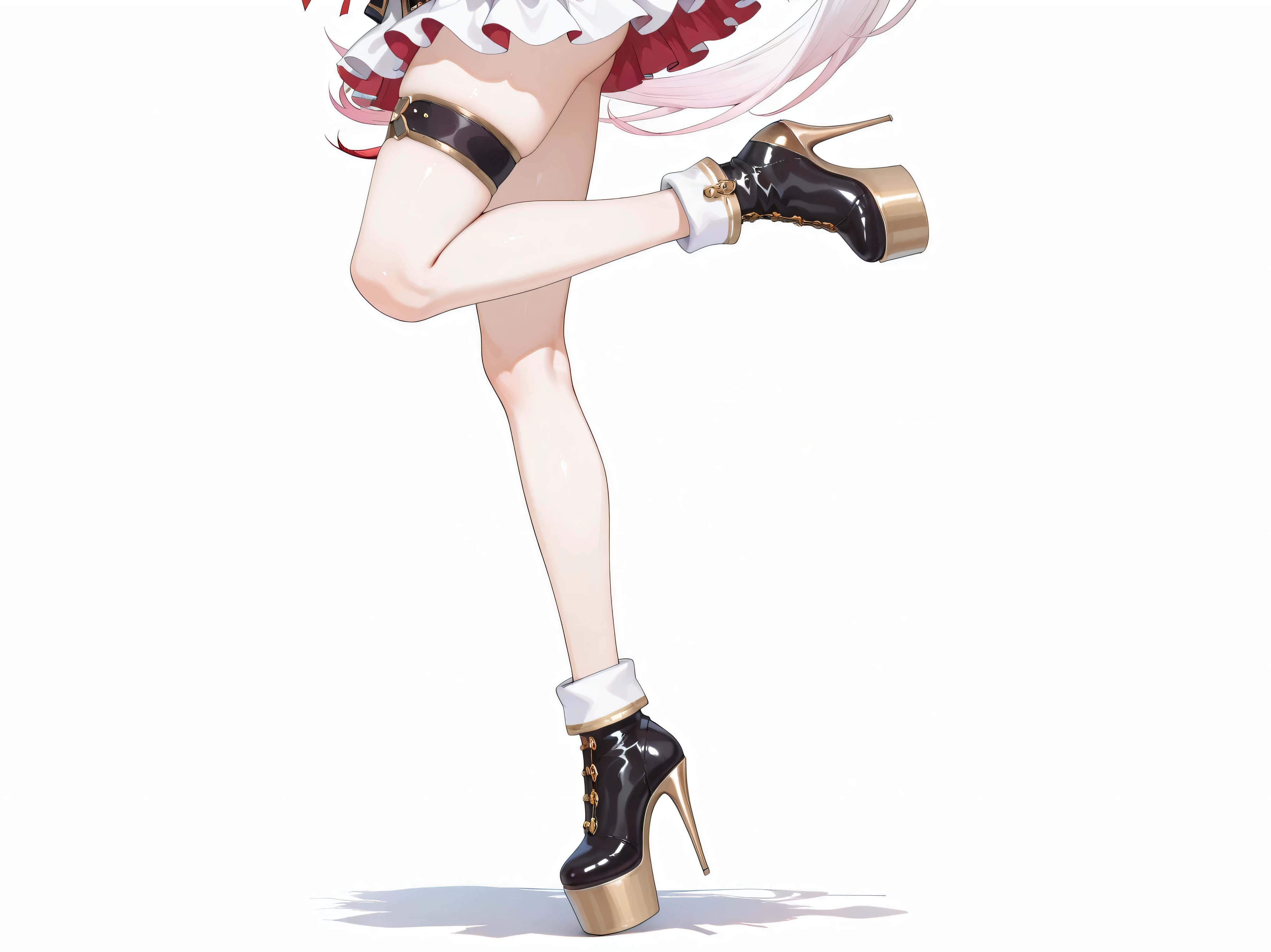 Shiina Yuika (/Nijisanji/),nijiyuika,large breasts,pink eyes,gradient hair,light pink hair,white hair,round face,long hair,low ponytail,((red ribbon)),((long red color ribbon)),hairclip,nijiyuikacos,((white tiered frilled shirt)),white shirt overhang,sleeveless,((white over shirt)),black vest,crop top vest,open vest,aiguillette,gold trim,((super large white ribbon tie)),((super long white ribbon tie)),single armband,black armband,((white skirt)),frilled skirt,layered skirt,black thigh strap,((only left thigh strap)), 1girl,bare legs, zettai ryouiki,((one leg straight)), ((one leg stretched straight)),masterpiece, best quality, highres, anatomically correct, shadow at feet, ((white background)),((ruanyi1375)),((platform heels)),((white nylon roll top)),(roll top style high heel shoes),((nylon ankle boots style ultra tall platform stiletto high heel)) ((ultra tall platform stiletto high heel)),((platform ultra tall stiletto high heel shoes)), ((ultra tall platform stiletto high heel)), ((ultra tall platform stiletto high heels)),gold stiletto high heel shoes, (gold platform high heel shoes), parts of underbutt,armpits,Naked Lower Body, hip line, left facing