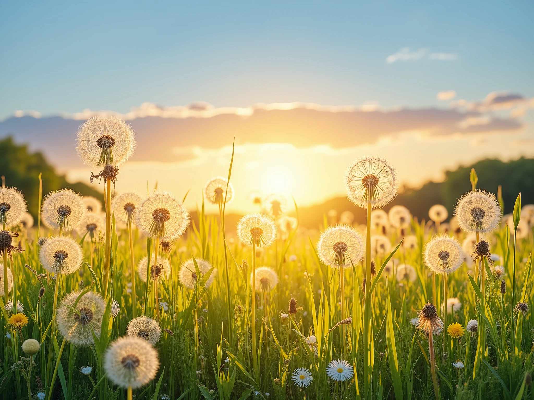 dreamy field of tall dandelions glowing in the sunset, with warm golden light shining through the fluffy seeds, vibrant green grass, tiny wildflowers, and a deep blue sky with soft clouds, center is plain