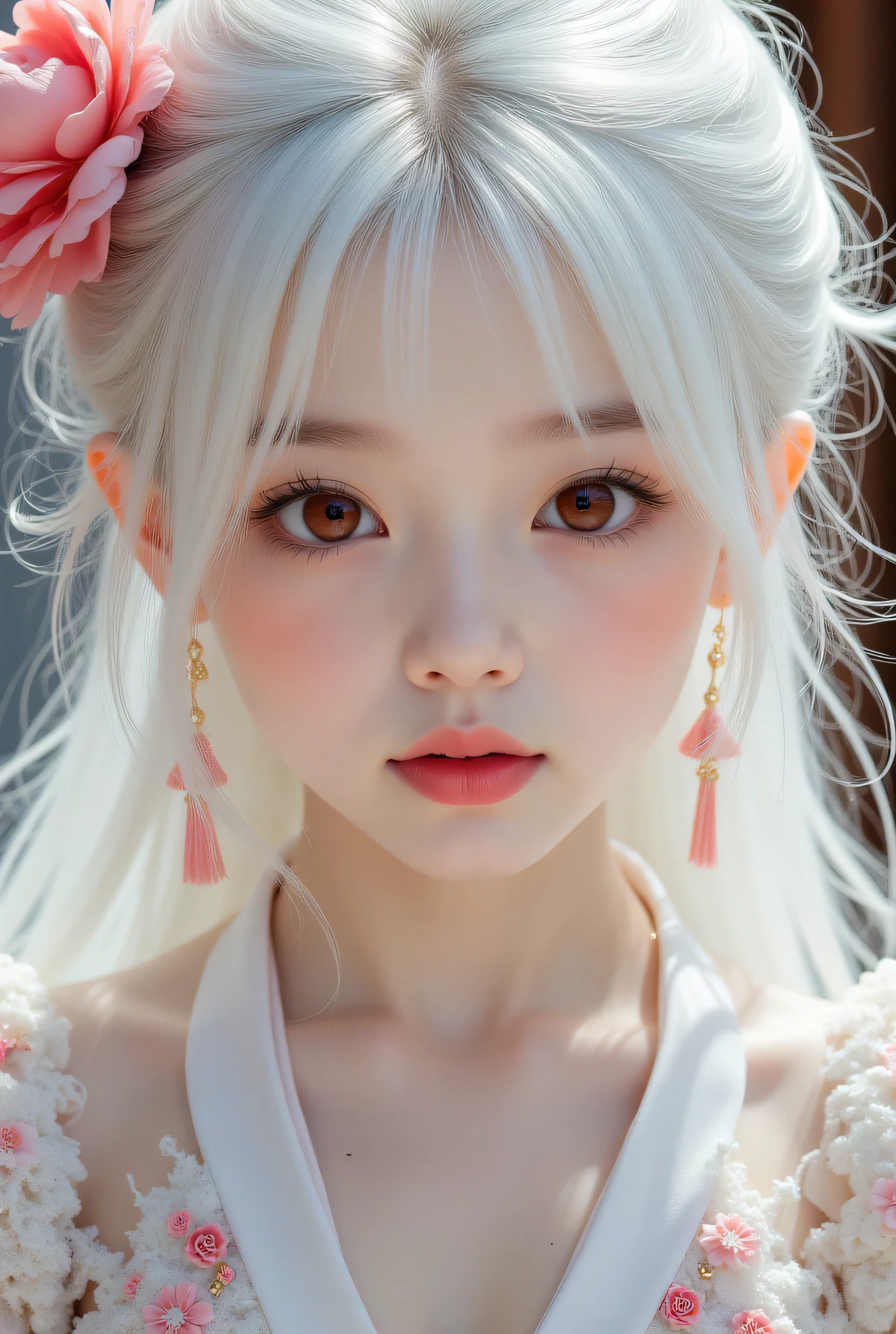 Big red eyes are impressive(the red eyes blend seamlessly) Silver Hair、white skin、Clean, high nose、White Smooth Silky Skin、big eyes、gorgeous peony flower hair ornament、Very gorgeous Tang costume、５The seven-year-old princess's 753、the beautiful white hair of an albino girl、５an albino girl is a little Chinese princess、very cute little kid、Dynamic Pose、白 Silver Hair、No expression、sad expression、is looking down