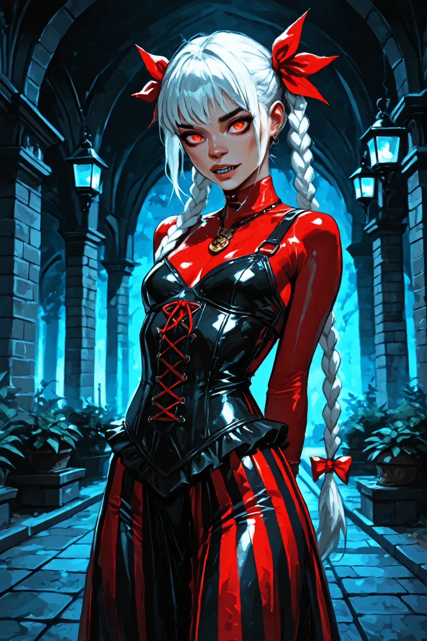 Drawn like the artist Bob Kehl. Phaedra from Fortnite with white and dark hair, deep red-coloured eyes, slanted big eyes, with sharp teeth, athletic body and abs. Darker skin colour. Slender and athletic. Cute, round and young face. White highlights in her hair. She wears Aztec black snake-leather dress with snakeskin-texture. She also wears an amber necklace. She has small . Atmospheric lighting. She looks like Wednesday Adams. Box-art. DnD-art-style, Looking at the viewer. Oil painting. Sepia filter. Less colour. Semi-realistic style. Background: medieval aztec ruin