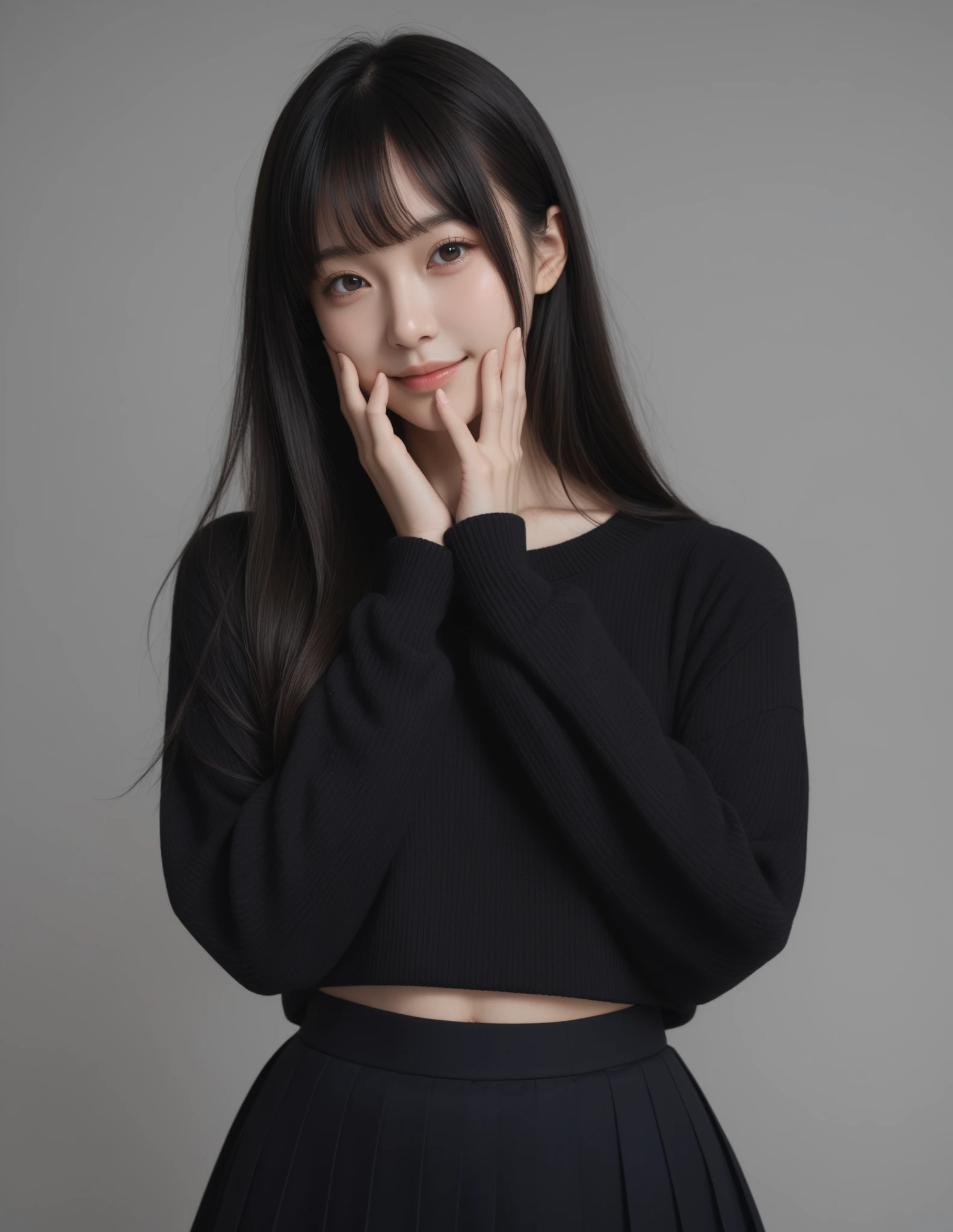 1girl, small breasts, 
long hair, black hair, center-flap bangs, 
black sweater, sleeves past fingers, pleated skirt, 
simple background, hand on own face, light smile, portrait,,