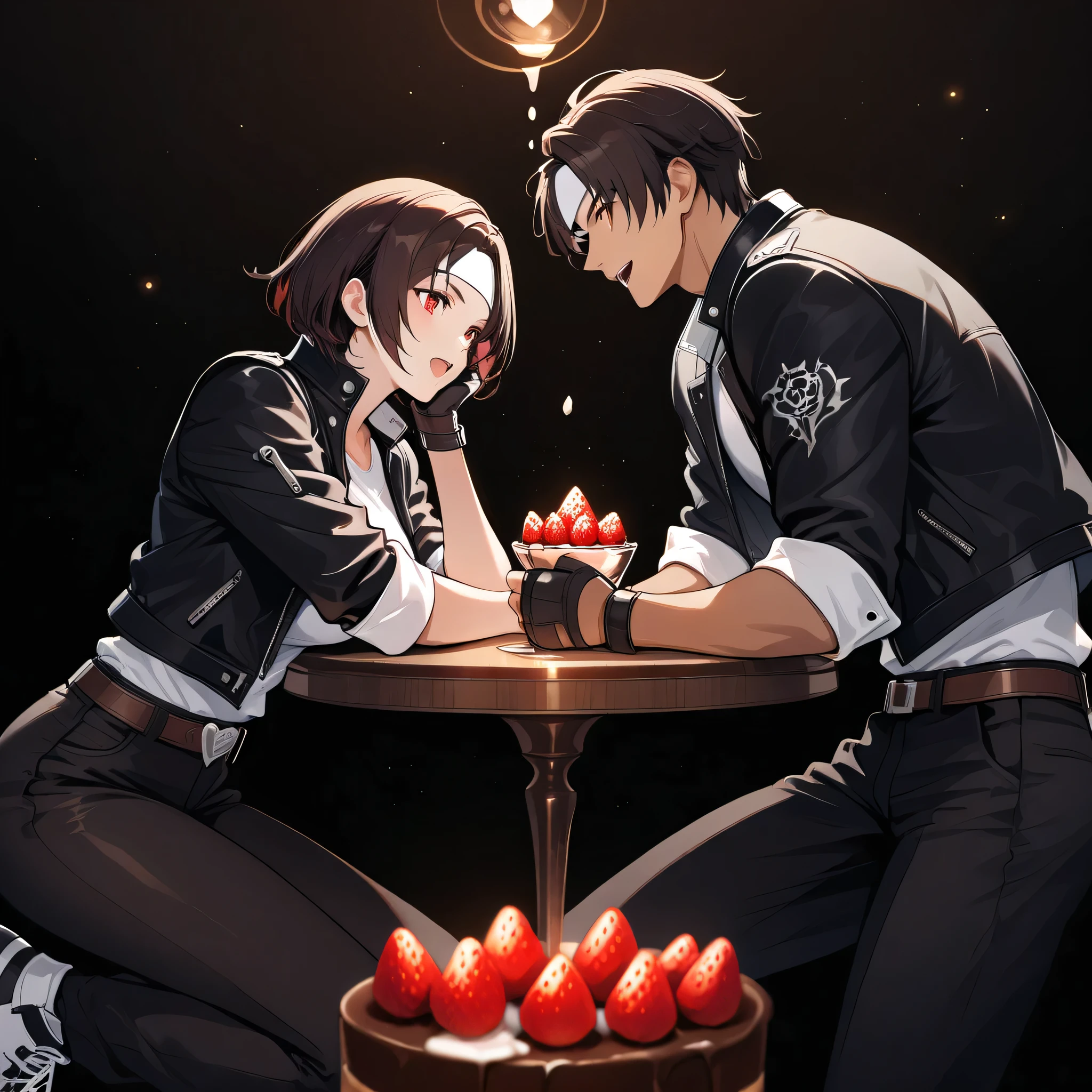 White Day, couple, man and woman, dark hair, short hair, brown skin, red eyes, chocolate, strawberries, sweet mood, melting chocolate, glamorous party venue, smiling, open mouth, she is wearing ((black jacket with rolled up sleeves)), open jacket, black fingerless gloves, white T-shirt, ((white headband)), black pants, white shoes, brown belt, cafe style, light colors, soft light, relaxed mood. Great quality, very beautiful, high resolution, depth of field, cute, blurry black background, masterpiece, absurd, volume lighting, light particles