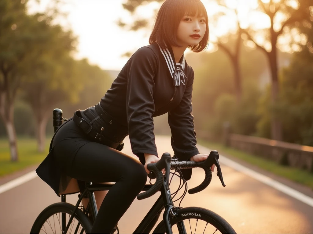 (RAW Photos), (Realistic), (masterpiece), (Highest quality), High resolution, 8k resolution, (Exquisite detail), Exquisite bicycle structure,One handle,(Volumetric Light),  woman, Age 35, short hair, Straight hair, Brown haired, Very thin, Very white and clear skin,Highly detailed eyes, Source Sequence, Very thin eyebrows, eyelash,Ultimate beauty,Cute like an idol, smile,  (office suits), Sit in the saddle,Beautiful ,Beautiful Japanese office lady, Pleated skirt, Random Color, Cute Face, Real Light, Correct , ride a bicycle:1.4、Mommy bike:1.4, There is a basket, Low saddle,Moving bicycle,  (((非常にLow saddle, Sit in the saddle))),pedalをこぐ,Hold the handlebars with both hands,Look straight ahead,womanは視聴者を見ていない, pedal, From below1.4、(((Low angle 1.4))), In the city, (((I can see her ))), Beautiful long legs, (((かなりFrom below:1.4))), Thin thighs, womanをFrom below見上げる視聴者,From below,From below,(((Low angle full body shot, Black pumps,かなりFrom belowの角度, focus on the saddle, Zoom from ground level,From a dog's eye level))), womanは前傾姿勢ではない, Not a car, from the front, 視聴者はFrom belowwomanのを見上げる,I can see her knees,womanは片膝をあげる, low angle: 1.4, focus her knee,In town, One Bicycle, basic and simple bicycle flame, both hands grip a handle bar
