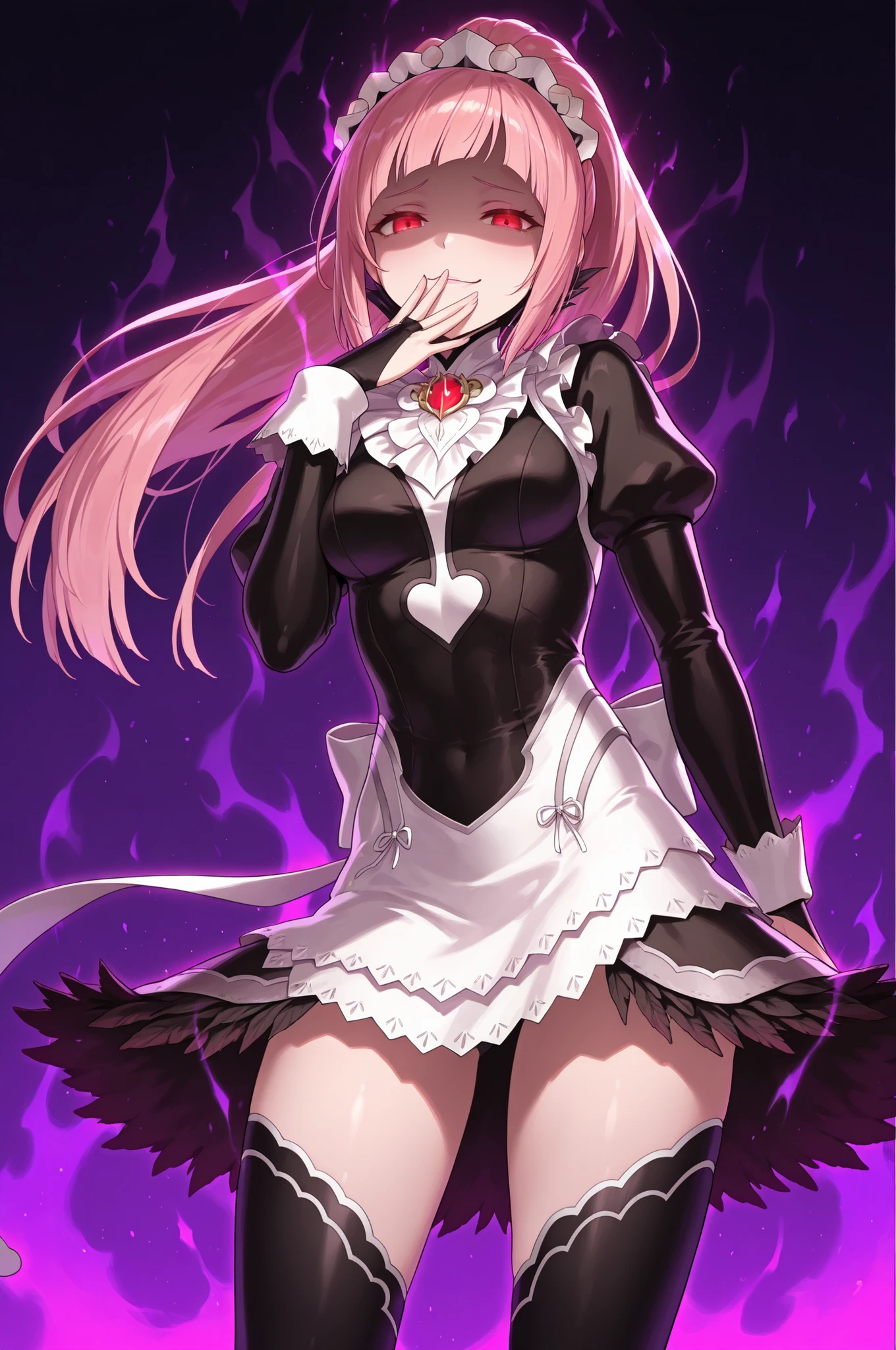 combatant, corruption, 748cmstyle, f1cdf, masterpiece, best quality, amazing quality, 1girl, solo, Felicia_(fire_emblem), maid, black thighhighs, pink hair, ponytail, red eyes, smug, shaded face, hand to own mouth, glowing, dark aura, firey aura, standing, from_below, looking_at_viewer,