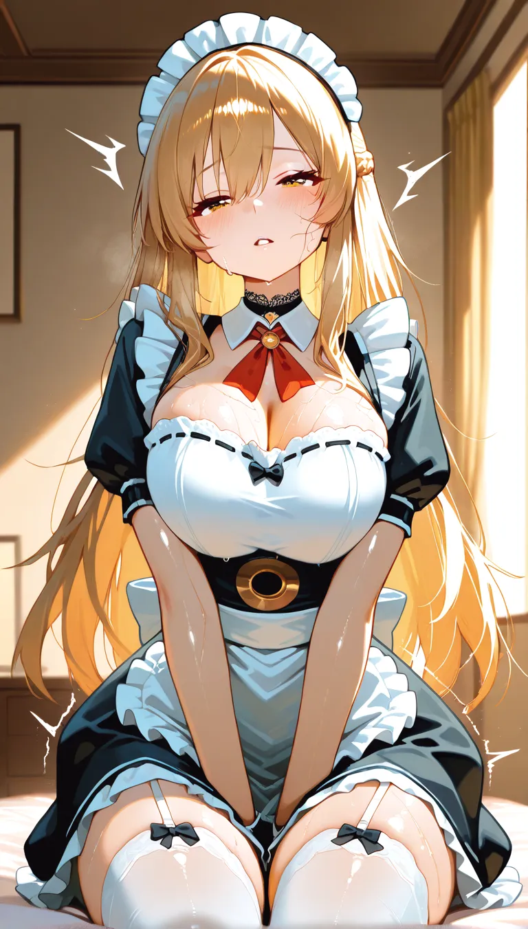((highest quality、High resolution))、Beautiful girl、Perfect body、beautiful ample breasts、Nipples、Long blonde、Maid、Embarrassed、Legs wide open、(((POV、straddling、Having sex、orgasm)))、Creampie