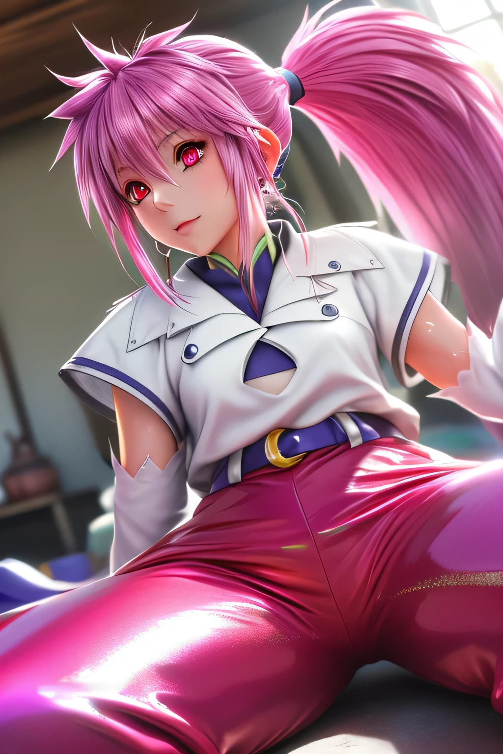 Highest Quality,highest resolution,(((shiny white clothes　 shiny pink loose pants　shiny pink hair　ponytail　red eyes　Girl　sweat　shiny skin)))　Tales of Fantasia　Arche Klein