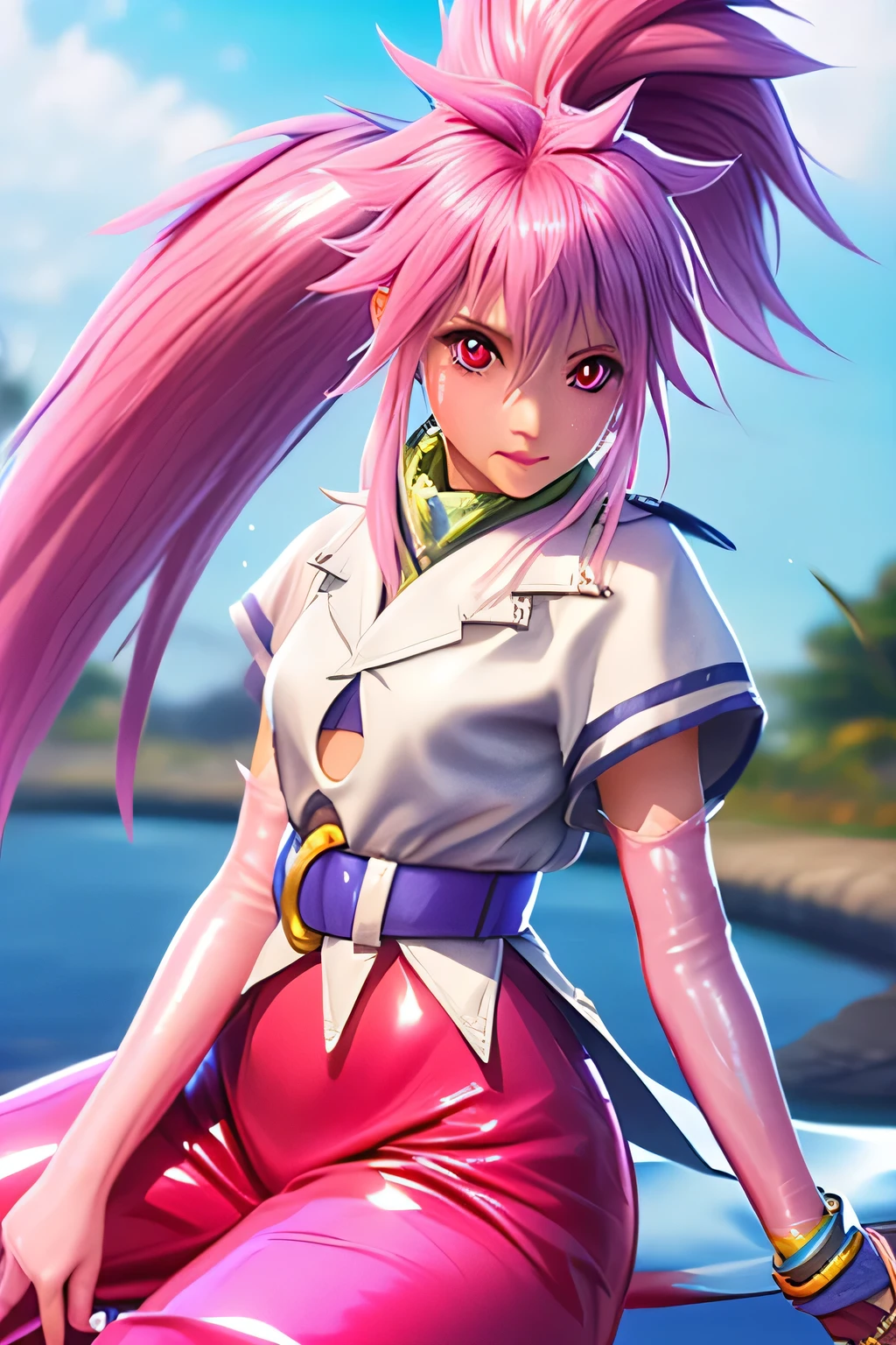 Highest Quality,highest resolution,(((shiny white clothes shiny pink loose pants shiny pink hair ponytail red eyes Girl sweat shiny skin))) Tales of Fantasia Arche Klein