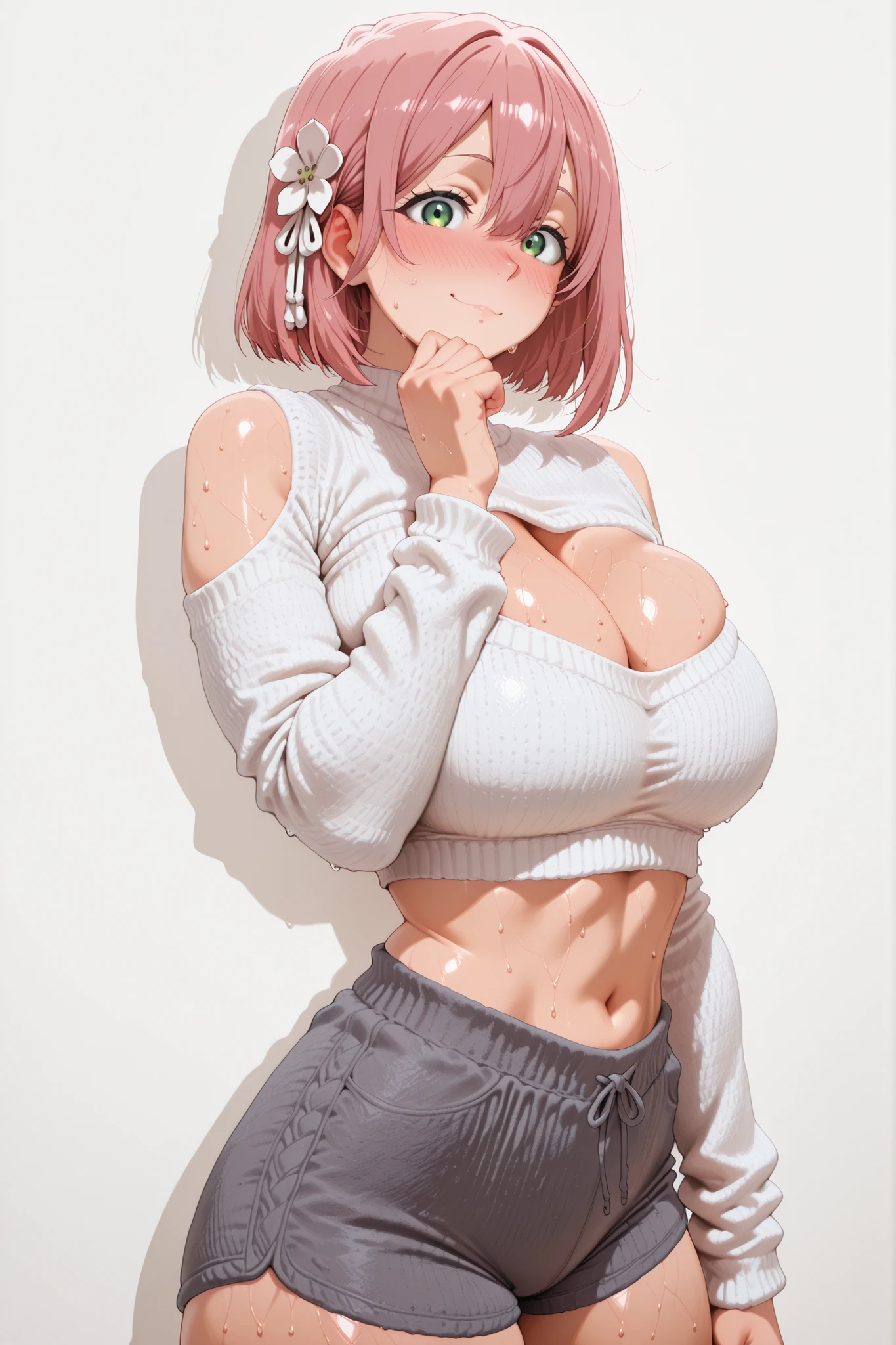excellent quality, detailed, hakari hanazono, short hair, hair ornament, green eyes, pink hair, flower, flower в волосах, hair between the eyes, ADX2 , thick thighs, nice face, solo, opaque clothes, cowboy shot, nice legs, DYNAMIC POse, , solo, large breasts, thick thigh, dynamic pose, navel ,midriff,,, LOOKING AT VIEWER,, soft smile,, DYNAMIC POSE,, CLEAVAGE, detailed rendering, smooth skin ,, looking at viewer, nose blush, shiny legs, shiny body, shiny hair, clear skin, clear body, sweat, sweaty, sweaty:1.3, solo,, thick thighs, solo, female, large breasts,, looking at viewer, large breasts,, POSING, COWBOY SHOT, NICE LEGS, opaque clothes,, HUGE BREASTS,, solo, large breasts, thick thigh, dynamic pose,, ,,,,,,,STANDING, WHITE BACKGROUND, EMPTY BACKGROUND, white sweater, grey shorts, shoulder cutouts