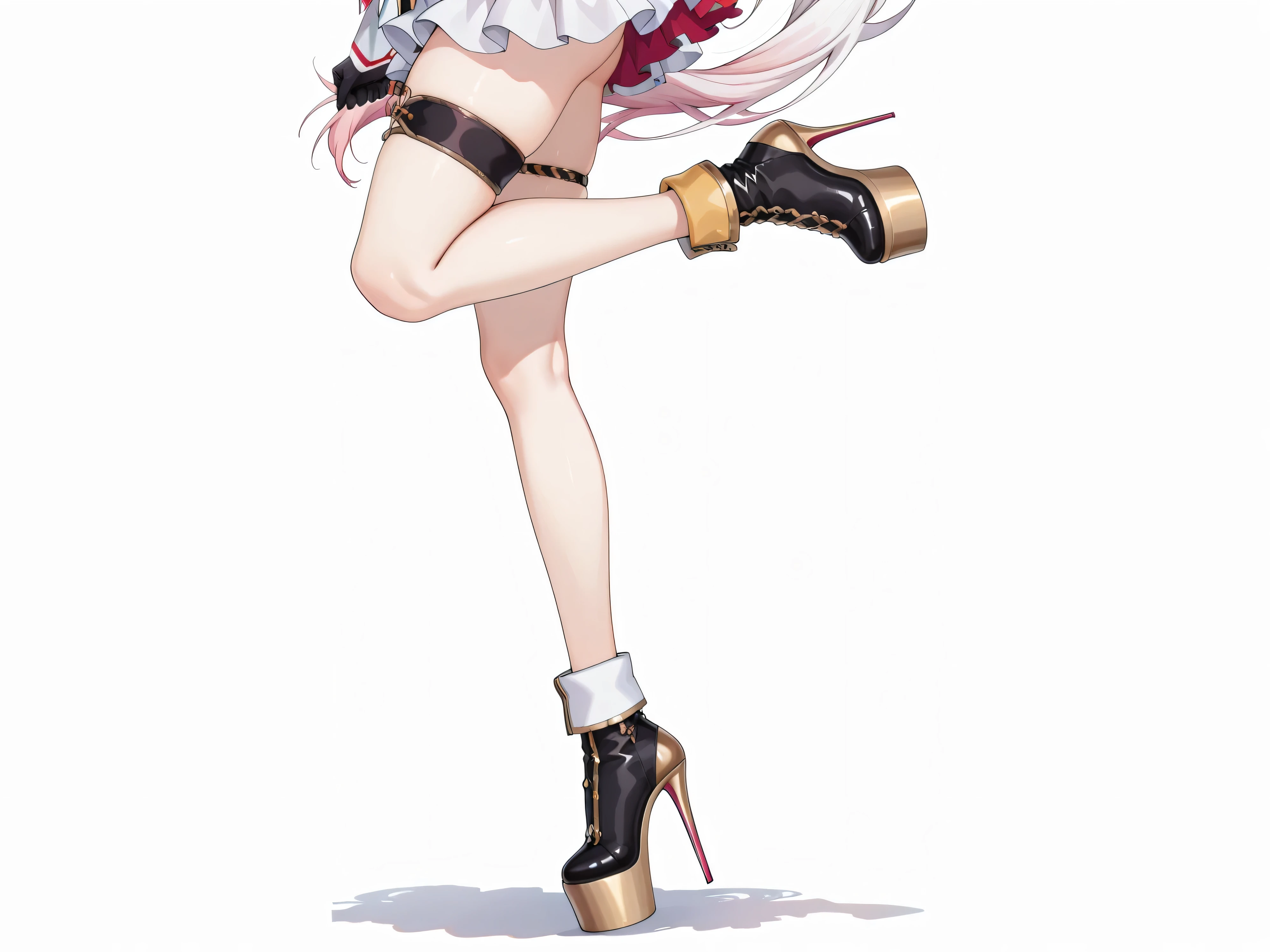 Shiina Yuika (/Nijisanji/),nijiyuika,large breasts,pink eyes,gradient hair,light pink hair,white hair,round face,long hair,low ponytail,((red ribbon)),((long red color ribbon)),hairclip,nijiyuikacos,((white tiered frilled shirt)),white shirt overhang,sleeveless,((white over shirt)),black vest,crop top vest,open vest,aiguillette,gold trim,((super large white ribbon tie)),((super long white ribbon tie)),single armband,black armband,((white skirt)),frilled skirt,layered skirt,black thigh strap,((only left thigh strap)), 1girl,bare legs, zettai ryouiki,((one leg straight)), ((one leg stretched straight)),masterpiece, best quality, highres, anatomically correct, shadow at feet, ((white background)),((ruanyi1375)),((platform heels)),((white nylon roll top)),(roll top style high heel shoes),((nylon ankle boots style ultra tall platform stiletto high heel)) ((ultra tall platform stiletto high heel)),((platform ultra tall stiletto high heel shoes)), ((ultra tall platform stiletto high heel)), ((ultra tall platform stiletto high heels)),gold stiletto high heel shoes, (gold platform high heel shoes), parts of underbutt,armpits,Naked Lower Body, hip line, left facing