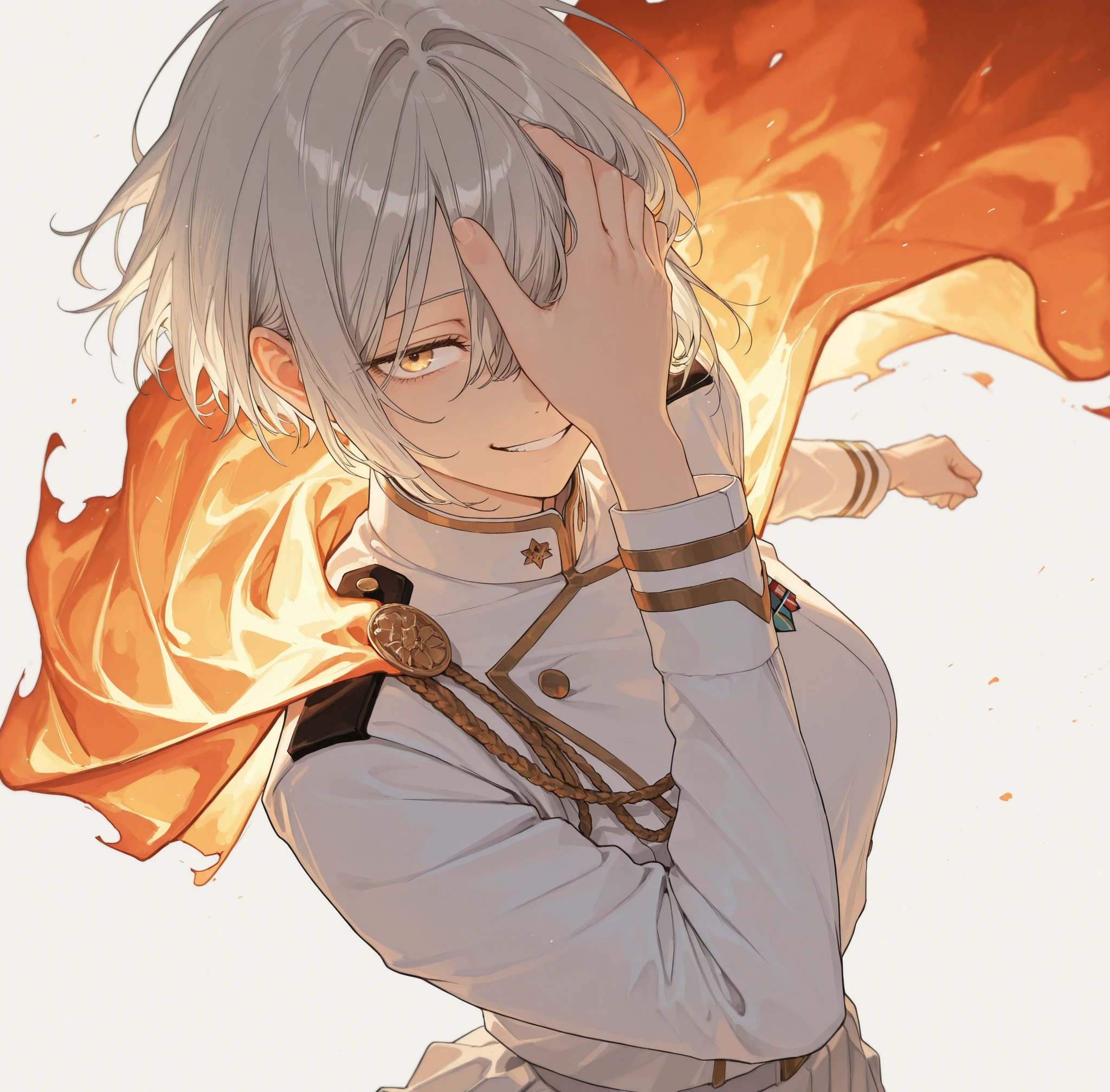 partially covered in shadow,(looking at viewer, portrait shot:0.22), dynamic shot, dynamic pose, warrior, (medium shot, three quarter shot:1.3), (1girl:0.45), solo, masterpiece, best quality, amazing quality, very aesthetic, high resolution, ultra-detailed, (soft shading, soft shadows, volumetric light:1.14), short hair, hair covering eye, hair over eye, silver hair, golden highlights, smirk, tomboy hairstyle, tomboy, uniform, burning cape