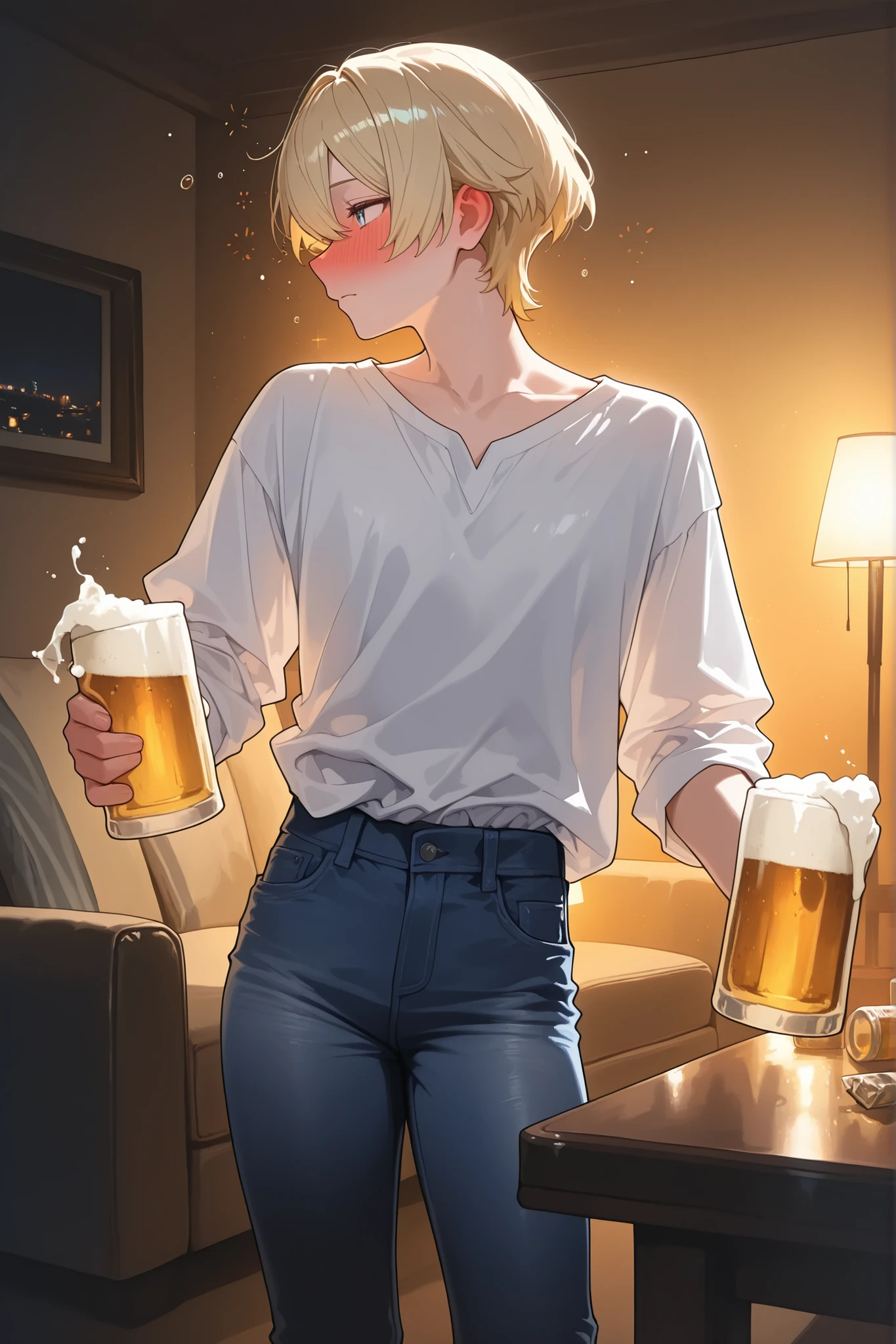 Watercolor painting,Perfect hand,masterpiece, best quality,very aesthetic,BREAK,(solo)(male, man)(standing, profile, looking ahead, drunk, blushing, holding beer), (short hair, blonde hair)(thin), (jeans, white shirt), BREAK, (living room, dim lighting, party)(cinematic lighting)