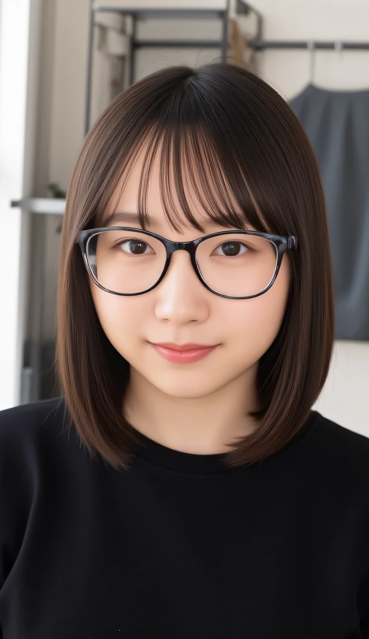 1girl, Solo, High Resolution, Masterpiece, Anatomically Correct, Accurate, real proportions, detailed skin, detailed face, Best Quality, real life style, black hair, bob hair, glasses, tween, black clothing, portrait 