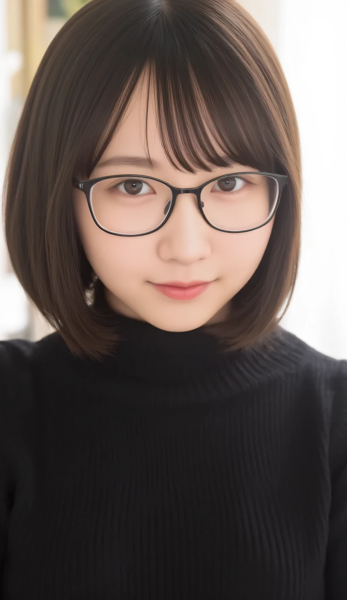 1girl, Solo, High Resolution, Masterpiece, Anatomically Correct, Accurate, real proportions, detailed skin, detailed face, Best Quality, real life style, black hair, bob hair, glasses, tween, black clothing, portrait