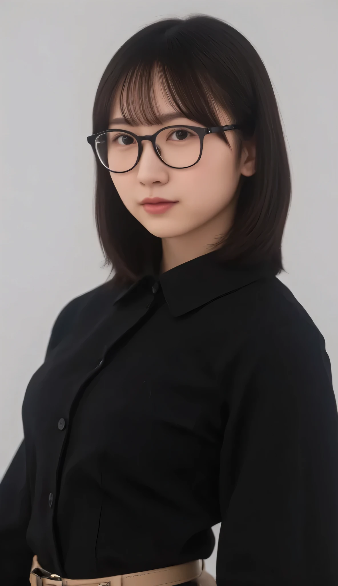 1girl, Solo, High Resolution, Masterpiece, Anatomically Correct, Accurate, real proportions, detailed skin, detailed face, Best Quality, real life style, black hair, bob hair, glasses, tween, black clothing, portrait