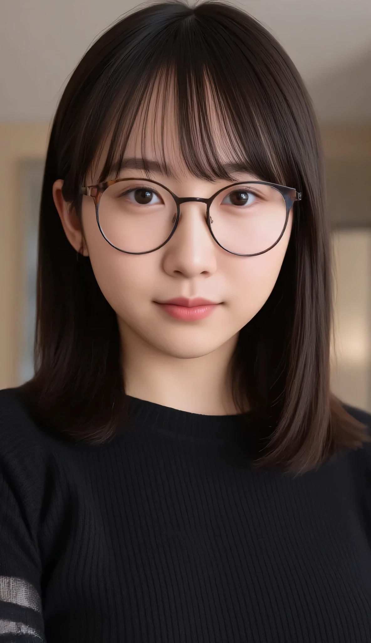 1girl, Solo, High Resolution, Masterpiece, Anatomically Correct, Accurate, real proportions, detailed skin, detailed face, Best Quality, real life style, black hair, bob hair, glasses, tween, black clothing, portrait