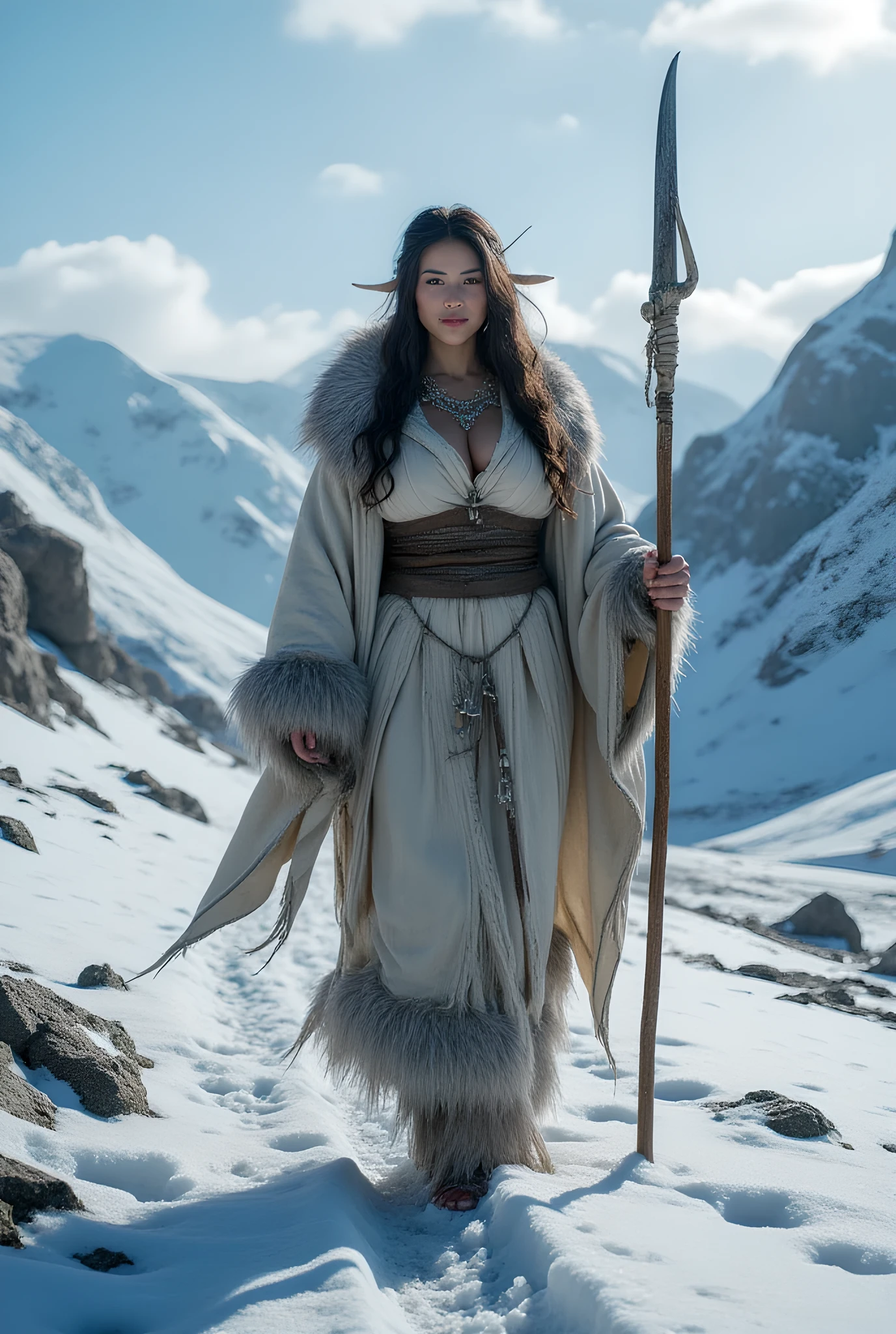 Ancient prehistoric age era, 

((Realistic cinematography ultra wide intricately angle of snowy path land on the landscape background)),walking body pose,((a primitive female eskimo Tribe across the land snowy path)),wearing fully long fur primitively fabric kimono fur long dress robe,,as she holding straight shape bone spear,(intimidating),(perfectly depth symmetrical curvy shaped),(cinematic dynamically sea surround the snowy path land environmental wide camera angle scenery:accurately depicted:1.3),the lively snowy depicting scenery,blue hour,realistically full depth,(cinematography dynamic angle|hyperrealistic:realistic scenery:3d texture over the scenery),,winter season,(cinematography vibe),,(dynamic image composition),(octane 3d rendering|50mm lens shot:1.3),(lifelike skin texture:lifelike thick messy hairs:bone hair ornaments),(best rule of third photography composition),(best image aperture),(full details depth of field),(best shutter speed),(RAW photo image),(photorealistic|photorealism:hyperrealism style),(realistic depth 3d:cgi:1.3),(trending on cgsociety:devianart:unreal engine 5),furry,(best photography:national Geographic style), sandalPunkAi and tikiPunkAi artwork, digital art,best lighting concept,realistic fixed truly full human anatomy body, hands, and fingers anatomy, inspired by farcry5 game artwork.