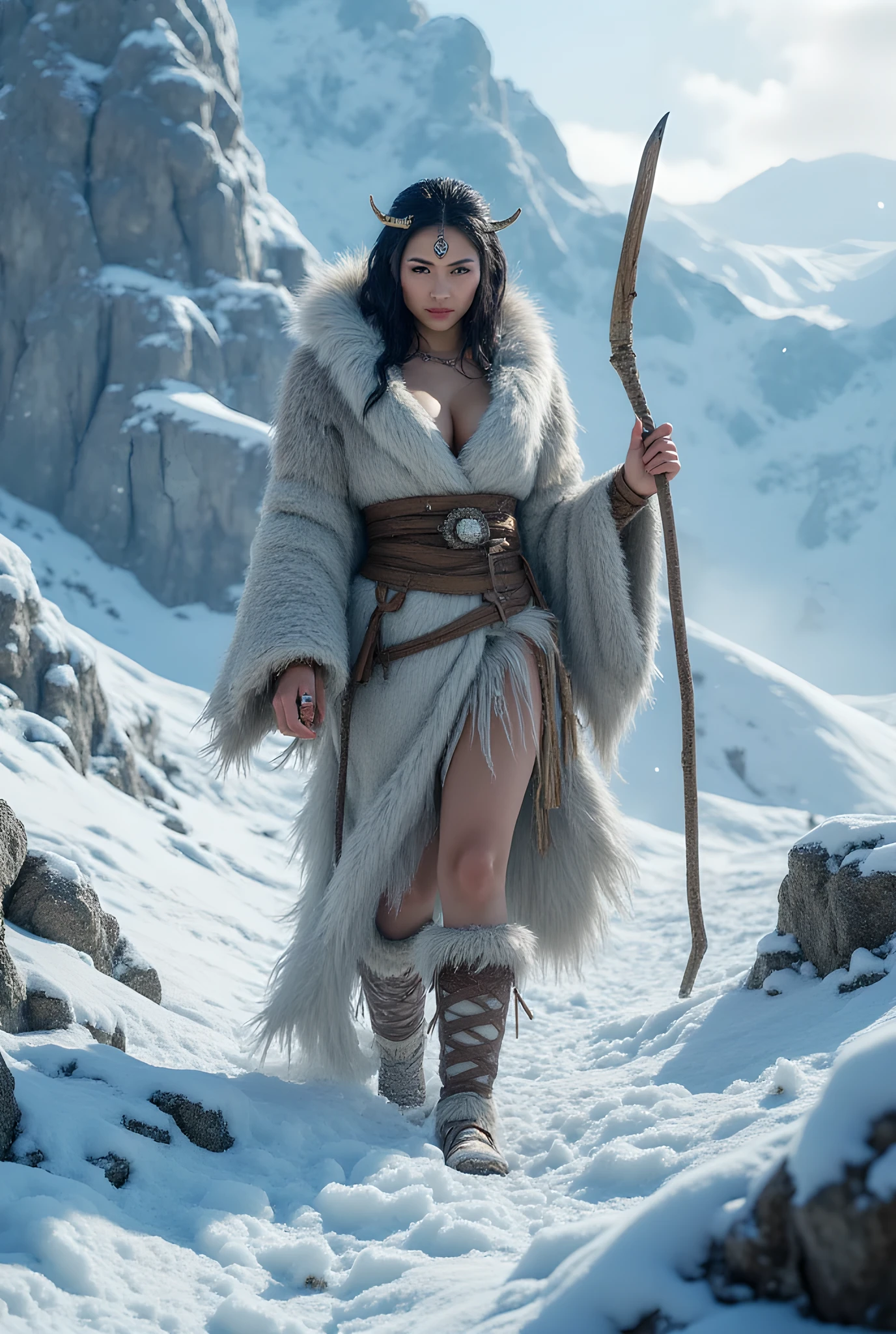 Ancient prehistoric age era, 

((Realistic cinematography ultra wide intricately angle of snowy path land on the landscape background)),walking body pose,((a primitive female eskimo Tribe across the land snowy path)),wearing fully long fur primitively fabric kimono fur long dress robe,,as she holding straight shape bone spear,(intimidating),(perfectly depth symmetrical curvy shaped),(cinematic dynamically sea surround the snowy path land environmental wide camera angle scenery:accurately depicted:1.3),the lively snowy depicting scenery,blue hour,realistically full depth,(cinematography dynamic angle|hyperrealistic:realistic scenery:3d texture over the scenery),,winter season,(cinematography vibe),,(dynamic image composition),(octane 3d rendering|50mm lens shot:1.3),(lifelike skin texture:lifelike thick messy hairs:bone hair ornaments),(best rule of third photography composition),(best image aperture),(full details depth of field),(best shutter speed),(RAW photo image),(photorealistic|photorealism:hyperrealism style),(realistic depth 3d:cgi:1.3),(trending on cgsociety:devianart:unreal engine 5),furry,(best photography:national Geographic style), sandalPunkAi and tikiPunkAi artwork, digital art,best lighting concept,realistic fixed truly full human anatomy body, hands, and fingers anatomy, inspired by farcry5 game artwork.