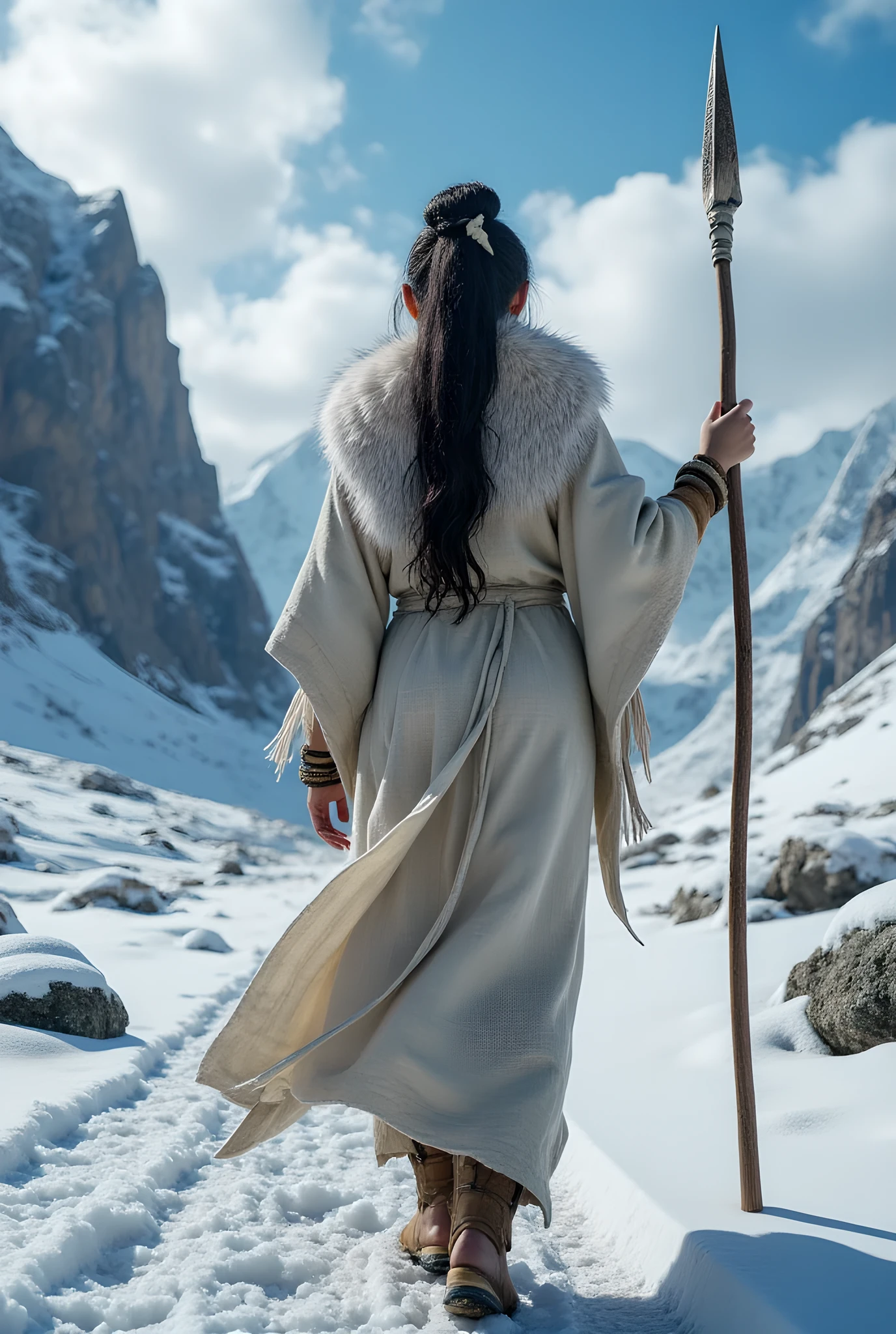 Ancient prehistoric age era,
((Realistic cinematography ultra wide intricately angle of snowy path land on the landscape background)),walking body pose,((a primitive female eskimo Tribe across the land snowy path)),wearing fully long fur primitively fabric kimono fur long dress robe,,as she holding straight shape bone spear,(intimidating),(perfectly depth symmetrical curvy shaped),(cinematic dynamically sea surround the snowy path land environmental wide camera angle scenery:accurately depicted:1.3),the lively snowy depicting scenery,blue hour,realistically full depth,(cinematography dynamic angle|hyperrealistic:realistic scenery:3d texture over the scenery),,winter season,(cinematography vibe),,(dynamic image composition),(octane 3d rendering|50mm lens shot:1.3),(lifelike skin texture:lifelike thick messy hairs:bone hair ornaments),(best rule of third photography composition),(best image aperture),(full details depth of field),(best shutter speed),(RAW photo image),(photorealistic|photorealism:hyperrealism style),(realistic depth 3d:cgi:1.3),(trending on cgsociety:devianart:unreal engine 5),furry,(best photography:national Geographic style), sandalPunkAi and tikiPunkAi artwork, digital art,best lighting concept,realistic fixed truly full human anatomy body, hands, and fingers anatomy, inspired by farcry5 game artwork.