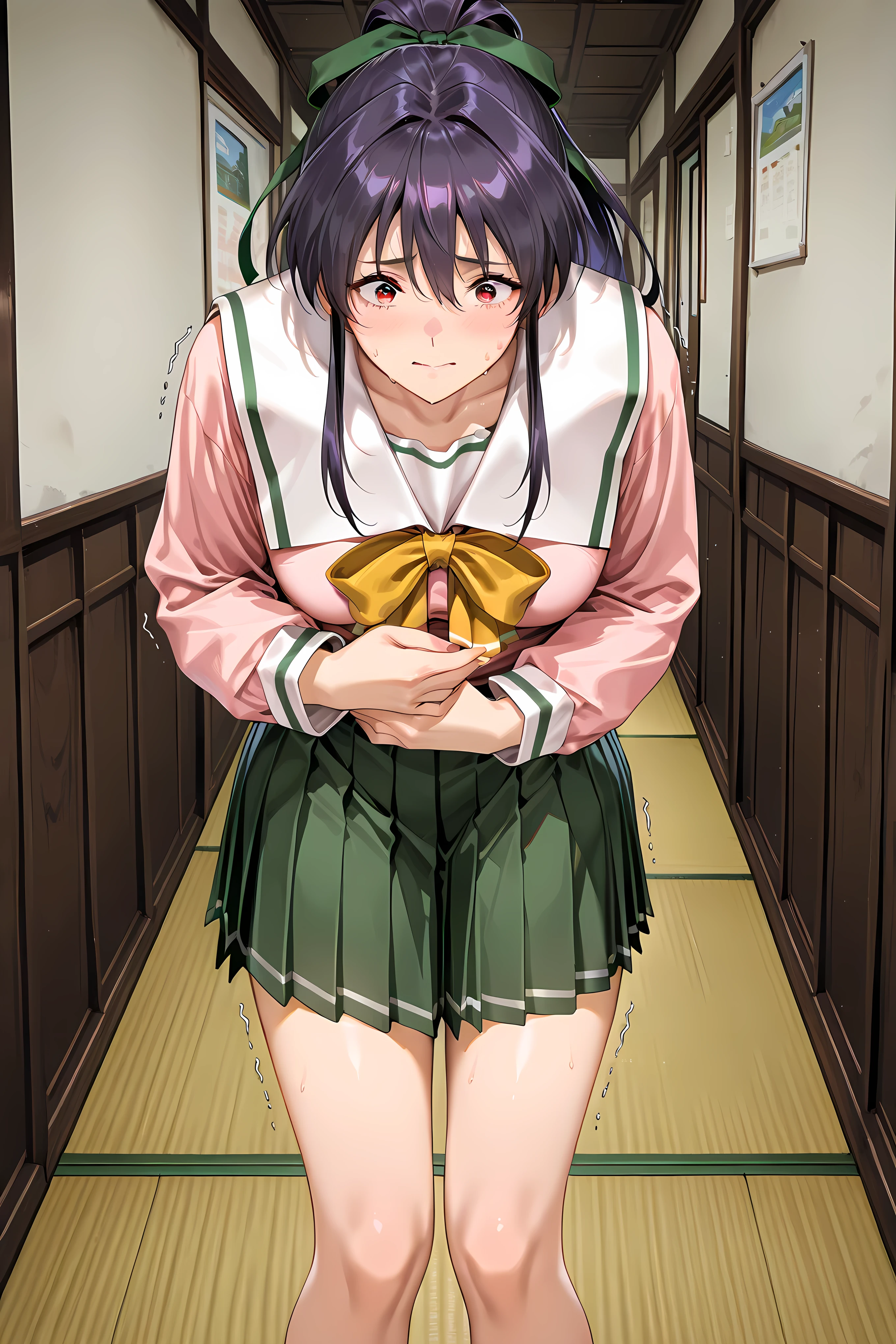 Solo, takabe, red eye, purple hair, black hair, hair ribbon, serafuku, pink shirt, pleated skirt, green skirt, General, masterpiece, highres, ultra-detailed, hyper-detailed, best quality, amazing quality, very aesthetic, best hands, best eyes, best hand
adult woman, 1girl, hand on own stomach, sweat, leaning forward, nervous, scared, trembling legs, in a wooden dorm hallway, tatami floor