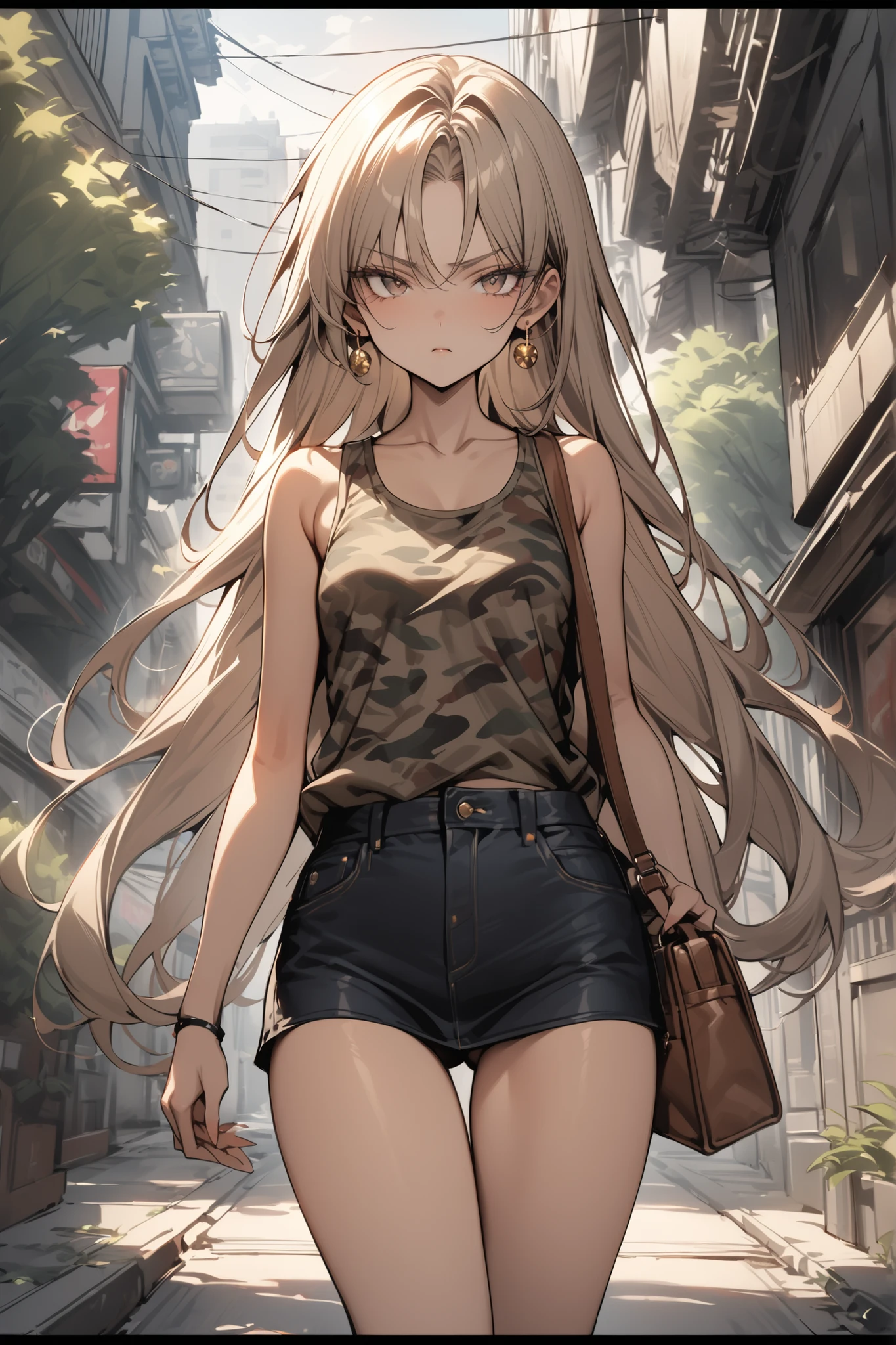 ((masterpiece,Highest Quality:1.2)),(soro),slender,A middle school girl stares at me while walking in the city,cowboy shot,beautiful skin,(Thin thighs),(healthy tanned skin,) light brown very long hair,Perfect brown eyes , tree eyes ,Serious Expressionless,Camouflage Tank Top,brown bag,Black Denim Miniskirt,brown sandal heels,Gold Earrings