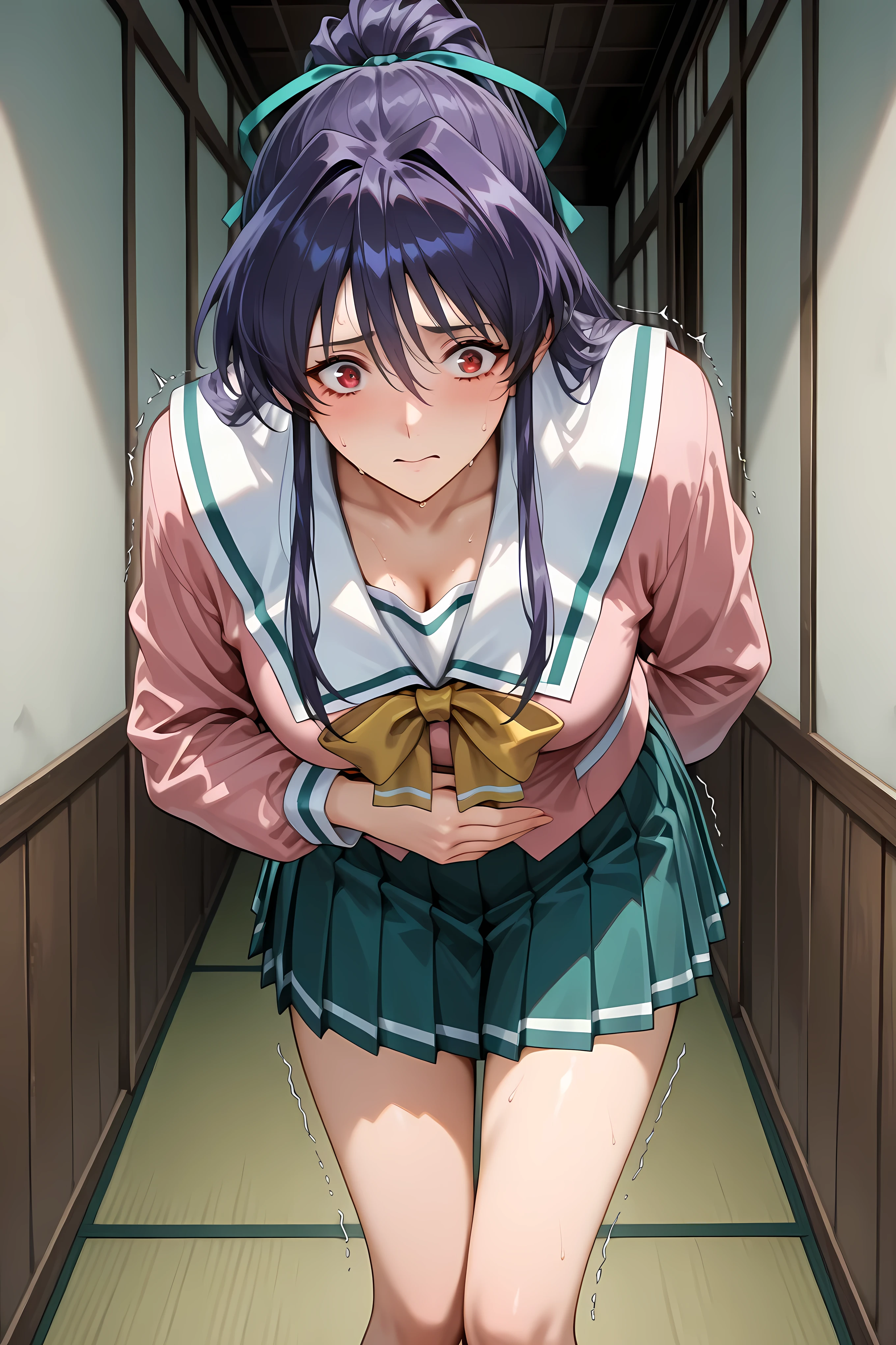 Solo, takabe, red eye, purple hair, dark purple hair, hair ribbon, serafuku, pink shirt, pleated skirt, General, masterpiece, highres, ultra-detailed, hyper-detailed, best quality, amazing quality, very aesthetic, best hands, best eyes, best hand
adult woman, 1girl, hand on own stomach, sweat, leaning forward, nervous, scared, trembling legs, in a wooden dorm hallway, tatami floor