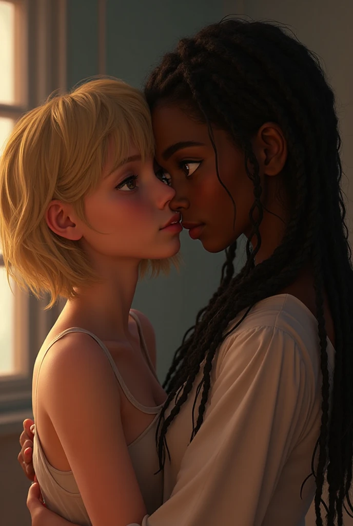 2girls, (a 20 yo woman, blonde), (kisses a 55 african woman), (lesbian kiss), dark theme, soothing tones, muted colors, high contrast, (natural skin texture, hyperrealism, soft light, sharp, perfect face)