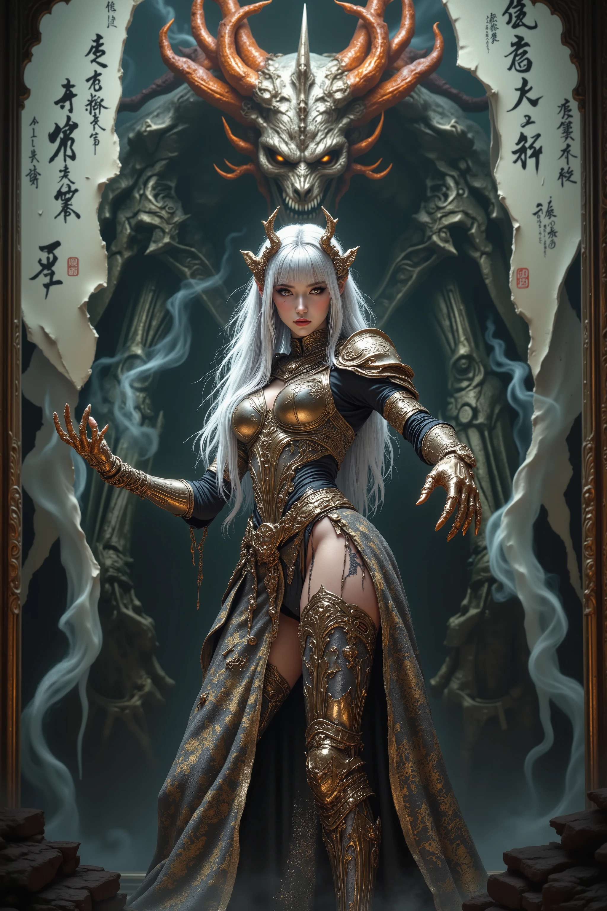 cinematographic photograph using rule of thirds and composition on planes Photo 3 / 4 takes over the entire body , a graceful Asian female Idol, super sexy armor made of tarnished silver and golden molten latex , sunken silver eyes, penetrating look, white-silver hair , full body shot, torn screen , Aztec tattoos , Next to her in the background is a skeletal steampunk dragon robot inspired by the KPop. Eldritch smoke emanating from the robot in the style of Ashley Wood and Racrufi and Luis Royo sexy K-Pop glamour, retro-inspired. by Shaun Tan and Yaacov Agam, Japanese calligraphy background, action pose, Off-White and black color scheme, detailed costume, high contrast, dramatic shadows