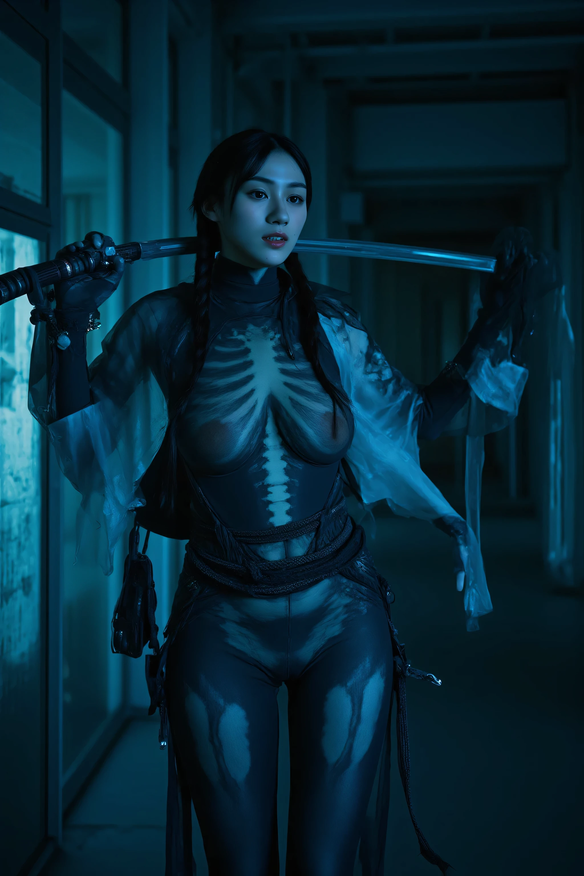 (((The pitch-dark interior of the Nostromo ship:2.0))),(((HR Giger-esque cyberpunk atmosphere:2.0))),(((Fight with a cyberpunk-style Japanese sword:2.0))),Battle Ready,one woman,Female samurai,(cute face:1.5),(Beautiful well-balanced face ),((long braids:2.0)),(dark haired:1.5),(beautiful eyes:1.3),(lonely eyes:1.5),Glamorous Shots of 20-Year-Old Japanese Women,Beautiful slender body,((model body type:2.0)),((slim body:1.7)),perfect body line,ideal proportions,((BIG BREASTS:2.0)),((F cup chest:1.5)),(((larger areolas:2.0))),((Carefully depicted nipples:2.0)),big boobs,Bare thighs,sensual thighs,delicate body,(muscular:1.7),a harmonious posture,((Realistic breast depiction :1.7)),((carefully depicts limbs based on perfect anatomy:2.)),((Translucent glass body that shines blue:1.5)),Filled with multicolored LEDs,((A translucent glass body with a thin skeleton that can be seen through:2.0)),(((cloak with the front open on top of a leotard:2.0))),((Tactical Holster:1.5)),(Gloves:1.3),Concept Art,(Highest Quality:1.5),(masterpiece:1.5),(超高Resolution),Resolution,UHD,(delicate depiction),carefully drawn,32k,((REALISTIC SKIN TEXTURE:1.5)),(((ULTRA REALISTIC:1.5))),carefully drawn eyelashes,Highly Detailed Faces,highly detailed female hands, Sexy appearance ,very sensual,(Blurry, dim background:1.5),professional photo shoot,(Movie Lights:2.0),((Blade Runner Style Lighting:2.0))