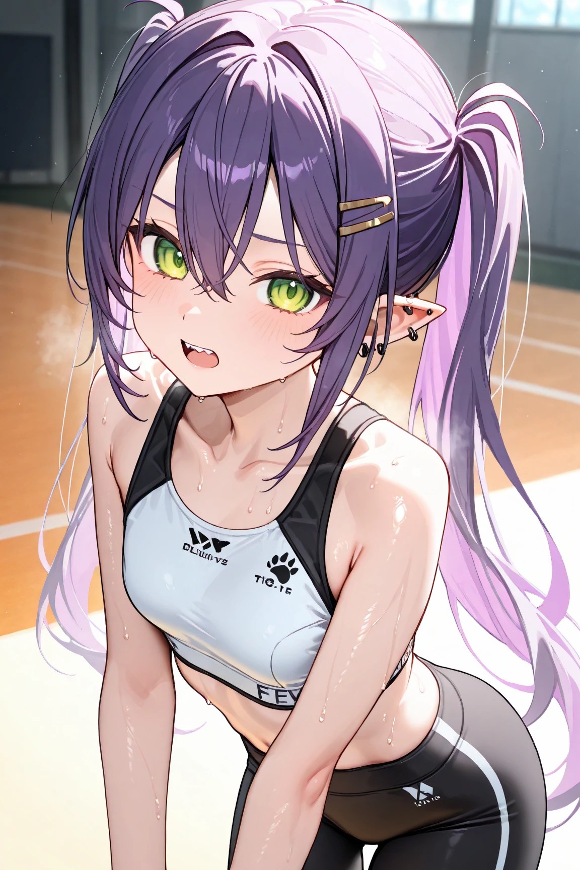 {hololive, tokoyami towa,purple hair, twintails, green eyes, long hair,demon tail}{whitejacket, black shorts, black cap,navel}, , 