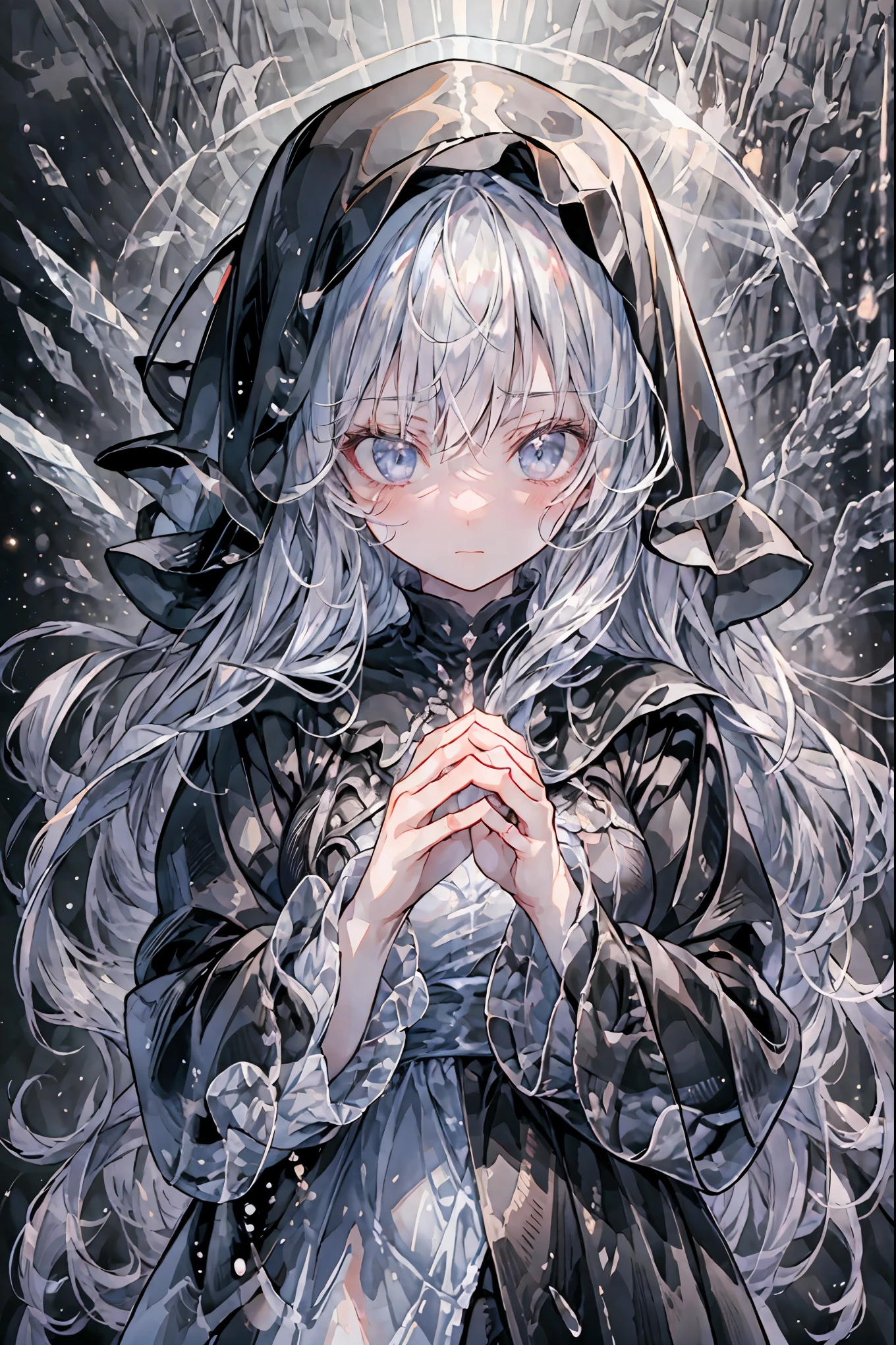 Freezing Beauty、Gentle Gaze Occasionally Peeking Under a Ghostly Appearance masterpiece, Realistic, Beautiful Portrait, high resolution, Vivid Colors, Fine Texture, extreme detail depiction, Professional Shooting, bokeh, HDR, studio lighting, photorealistic expression, emotional expression, Frozen skin , Flowing Hair、Frozen Eyes、Transparent Underwear、Ice Background、in dark tones、mystical atmosphere