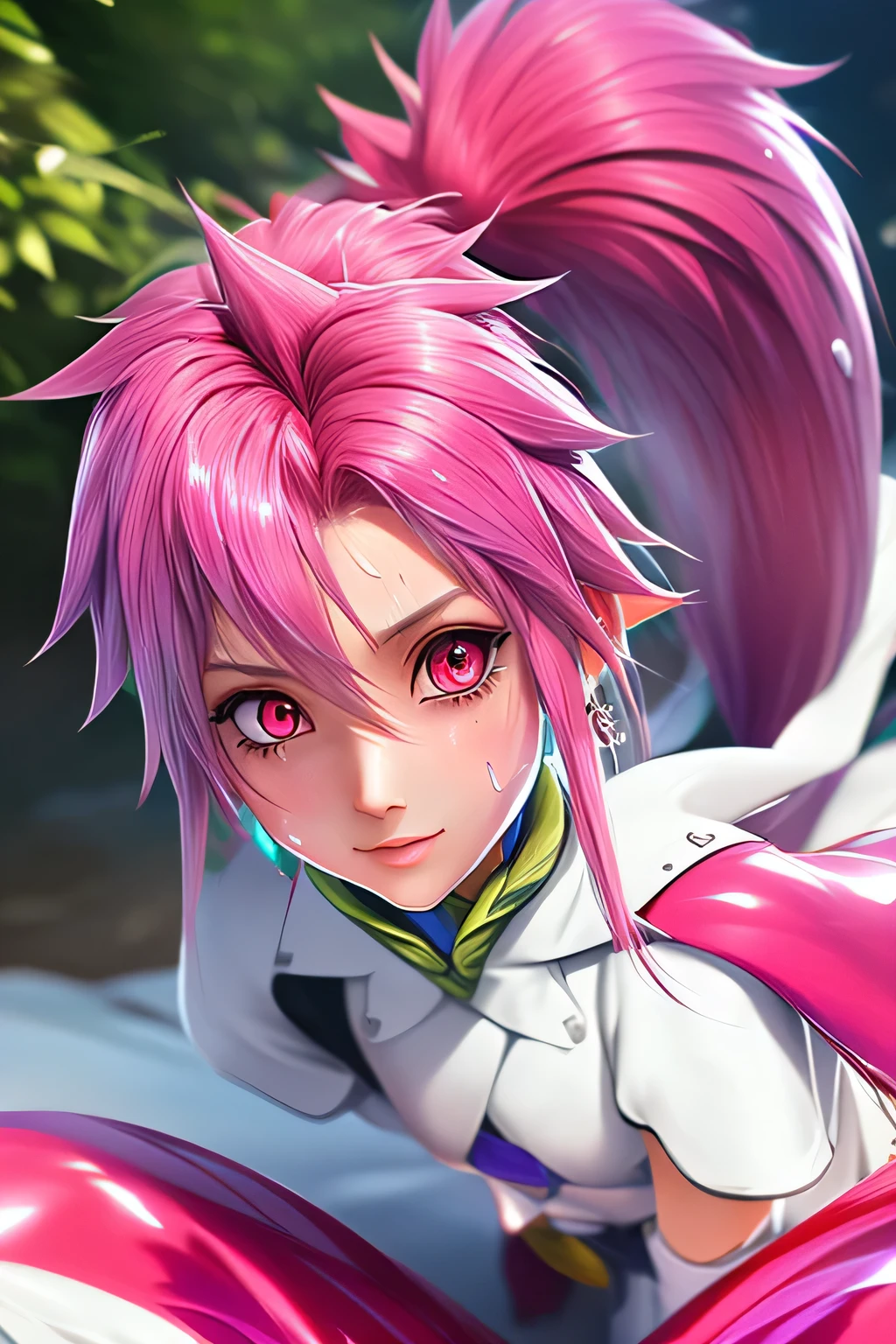 Highest Quality,highest resolution,(((shiny white clothes shiny pink loose pants shiny pink hair ponytail red eyes Girl sweat shiny skin))) Tales of Fantasia Arche Klein
