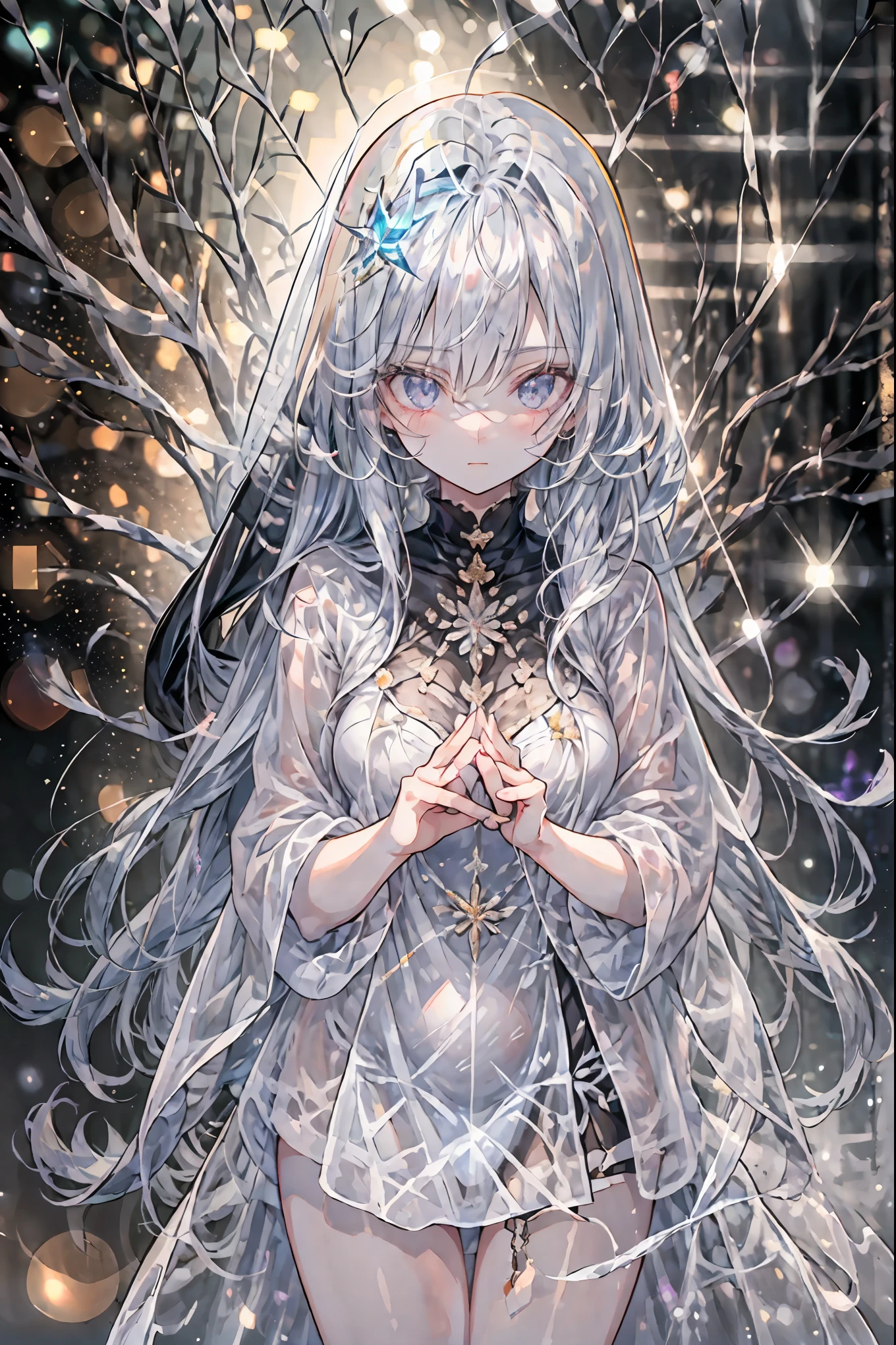 high-definition raw color photos, professional shooting, (((((Bokeh))))), written boundary depth, captured with a sony α7IV,prayer、prayerの美女、Freezing Beauty、Gentle Gaze Occasionally Peeking Under a Ghostly Appearance masterpiece, Realistic, Beautiful Portrait, high resolution, Vivid Colors, Fine Texture, extreme detail depiction, Professional Shooting, Bokeh味, HDR, studio lighting, photorealistic expression, emotional expression, Frozen skin , Flowing Hair、Frozen Eyes、Transparent Underwear、Ice Background、in dark tones、mystical atmosphere