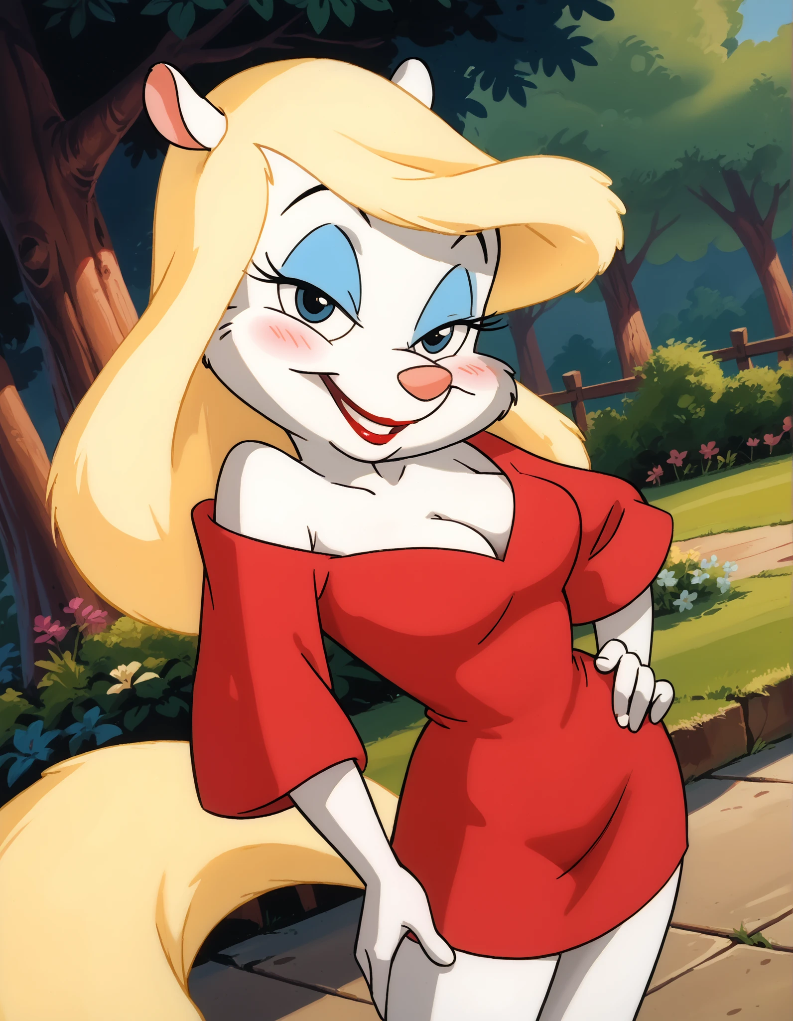 masterpiece,best quality, highly detailed, score_9, score_8_up, score_7_up, score_6_up,source furry, BREAK minerva mink, 1girl, white fur, blonde hair, blonde fluffy tail, red lipstick, solo, short red dress, deep cleavage, standing, looking at viewer, smile, happy, blush, dynamic angle, dutch angle, head tilt, tiny toons adventure artstyle, one hand on hip, one hand down, outdoors, knees