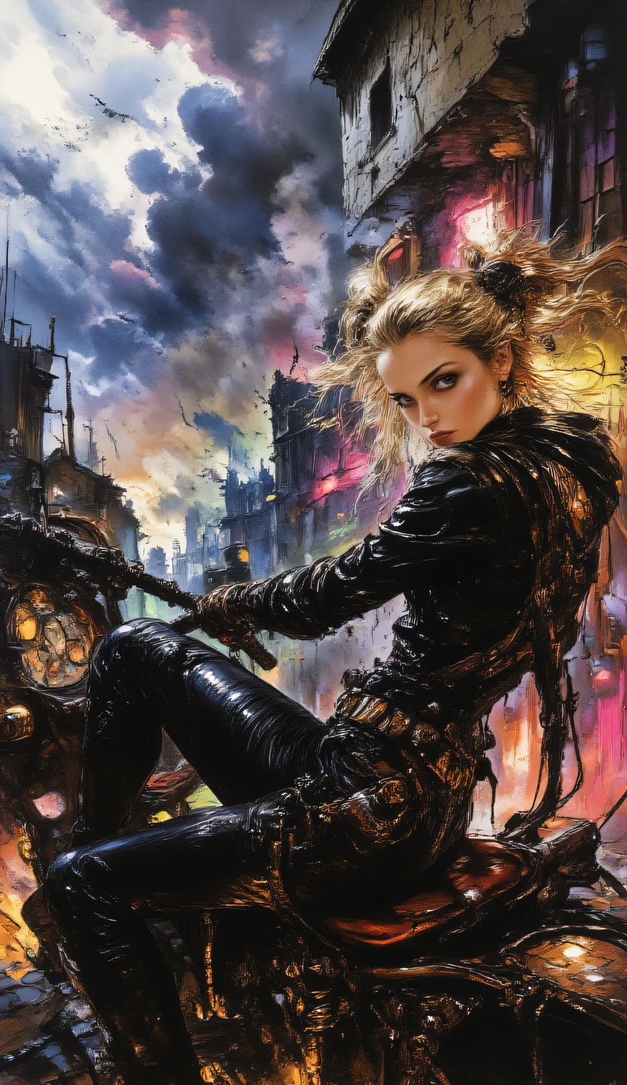 Heterochromatic pupils, long lens oil painting, using thick, high angle view, depicts a captivating figure with heterochromatic pupils, dimensional atmosphere, driving a diesel-punk suspension bike. She sits in a bright leather seat, bold texture oil painting, 穿着光亮的皮夹克, black fingertip gloves, And a pair of combat boots. Pretty face, with one eye of deep blue and the other of piercing green, full of retro dials. This suspension bike is rough, hand on a control stick, bare wires, and welding scars, with rust spots, Bolt , to create a movie. spreading in a ruined industrial city, Her skyline is illuminated by neon lights,showing bright pinks, greens, and oranges , and the pale dark earth of a collapsed building Color contrast. uses a horizontal composition to capture the panorama, emphasizes the majesty of mercenaries and the chaotic energy in a war-flaming sky. and a flickering instrument: stormy sky showing dark blue and purple, warmth, smoky highlights Illuminates the beautiful heterochromatic eyes of the figure,Exudes a sexy, Industrial Landscape. long lens oil painting, such as worn leather, uses expressive brushstrokes to create rugged, with long, bold, flowing blond hair { x} Tech Black Diesel Punk Aesthetics, with the surreal, with a cool. Subtleties,The palette is very melancholy, rusty toggle switch, The faint trajectory of smoke enhances the nature of a war-torn world.