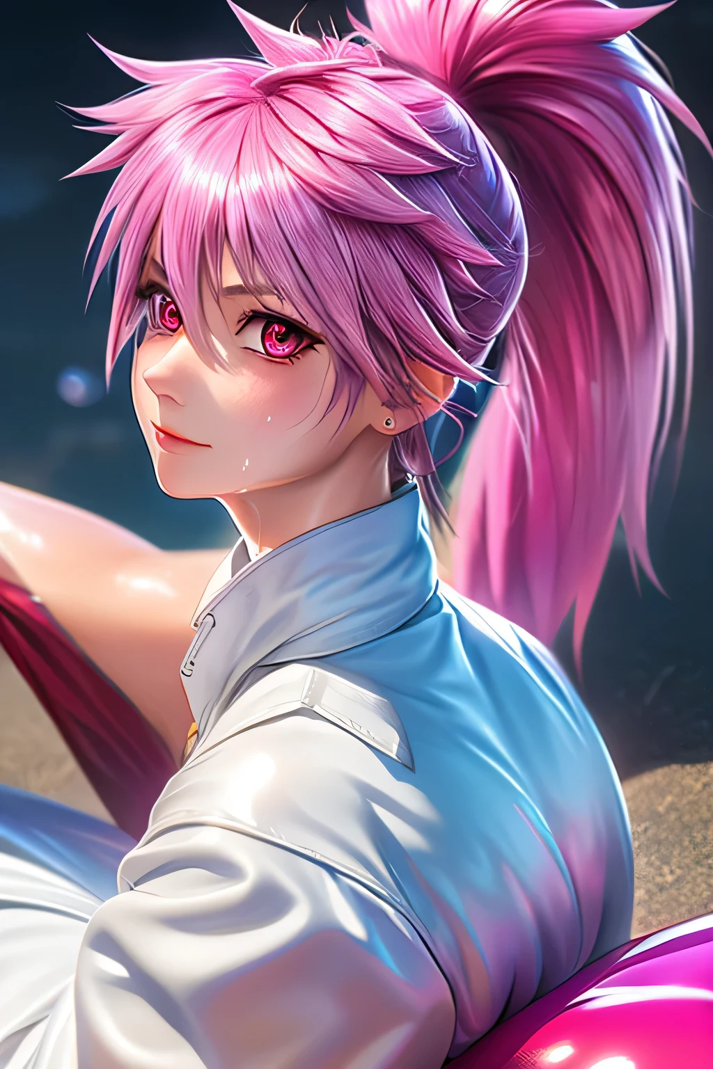 Highest Quality,highest resolution,(((shiny white clothes　 shiny pink loose pants　shiny pink hair　ponytail　red eyes　Girl　sweat　shiny skin)))　Tales of Fantasia　Arche Klein
