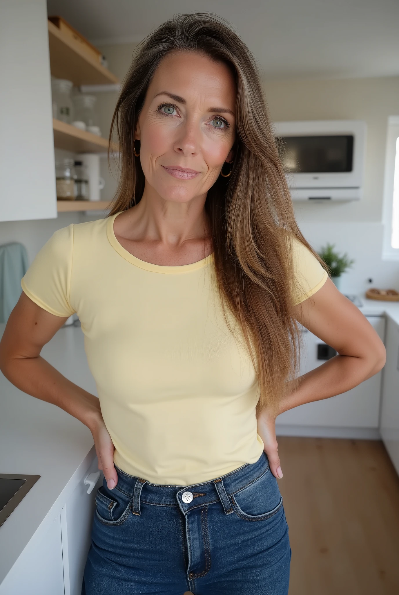 milf,amat3ur7 ,Candid moment of mature beauty, 59 years old, beautiful, white european caucasian, full body shot, low camera angle, full figure visible from head to upper thighs, sharp focus on woman, narrow waist, round , visual focus on pelvis. Long, straight brown hair with hints of grey, side-parted, hair flowing down to waist, striking eyes, commanding expression, condescending, looking down on viewer, hands on waist, Wearing a pale yellow fitted t-shirt, t-shirt has short cap sleeves and is tucked into high-waisted tight-fitting jeans. Crow’s feet adding character, naturally aged skin with visible fine lines and texture. She leans casually against a kitchen counter, self-possessed and confident, mature aura, looking directly at viewer, Set in a clean, modern kitchen, morning light streaming in to highlight authentic features. Contemporary documentary photography style, ultra high resolution, highly detailed textures in hair, skin, and fabrics.