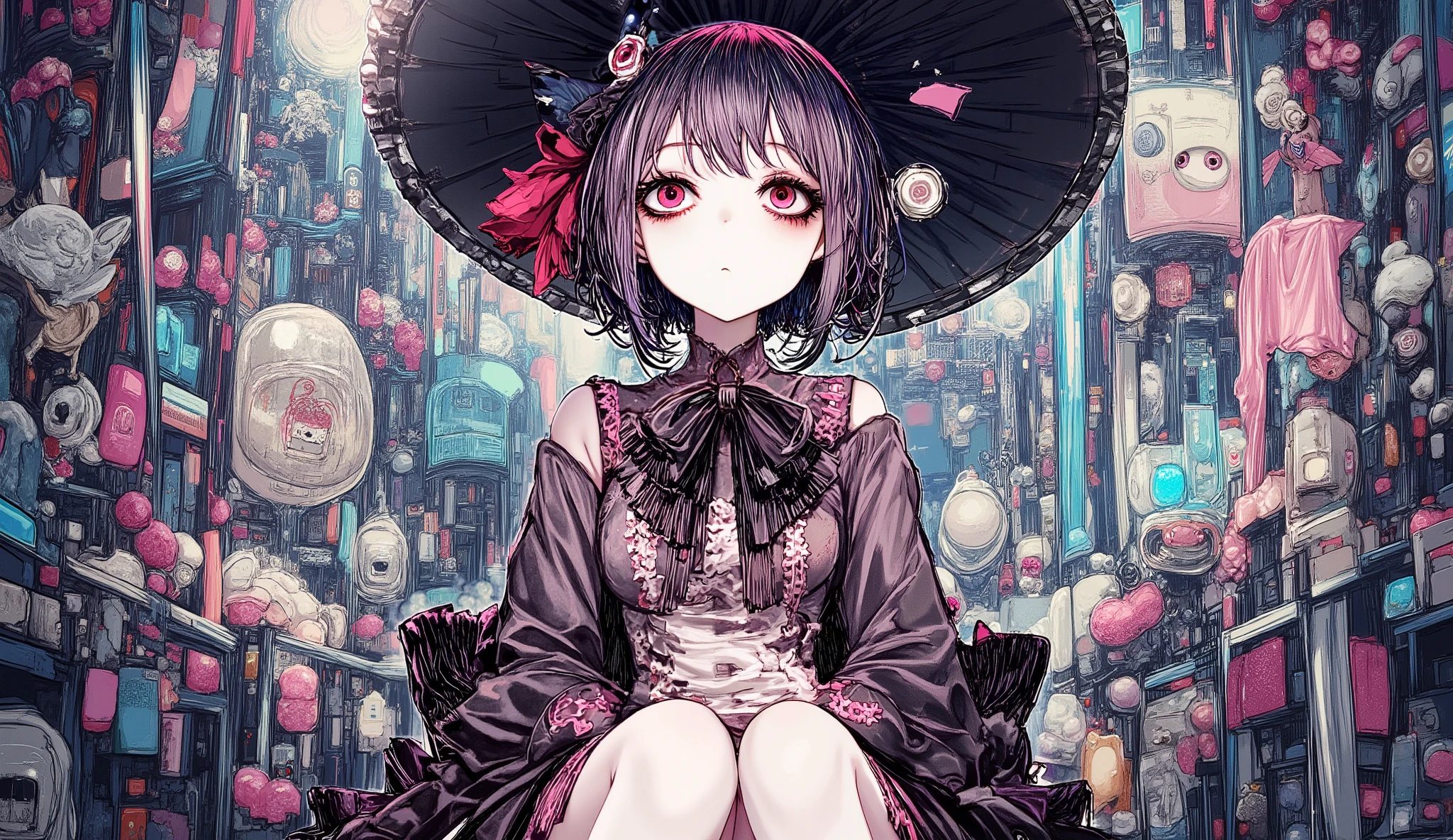A dark yet cute anime girl, upper body portrait, wearing a black and crimson gothic lolita dress with lace and ribbons, sitting at a haunted tea table, soft candlelight, glowing red eyes, intricate details, ultra high resolution, masterpiece.