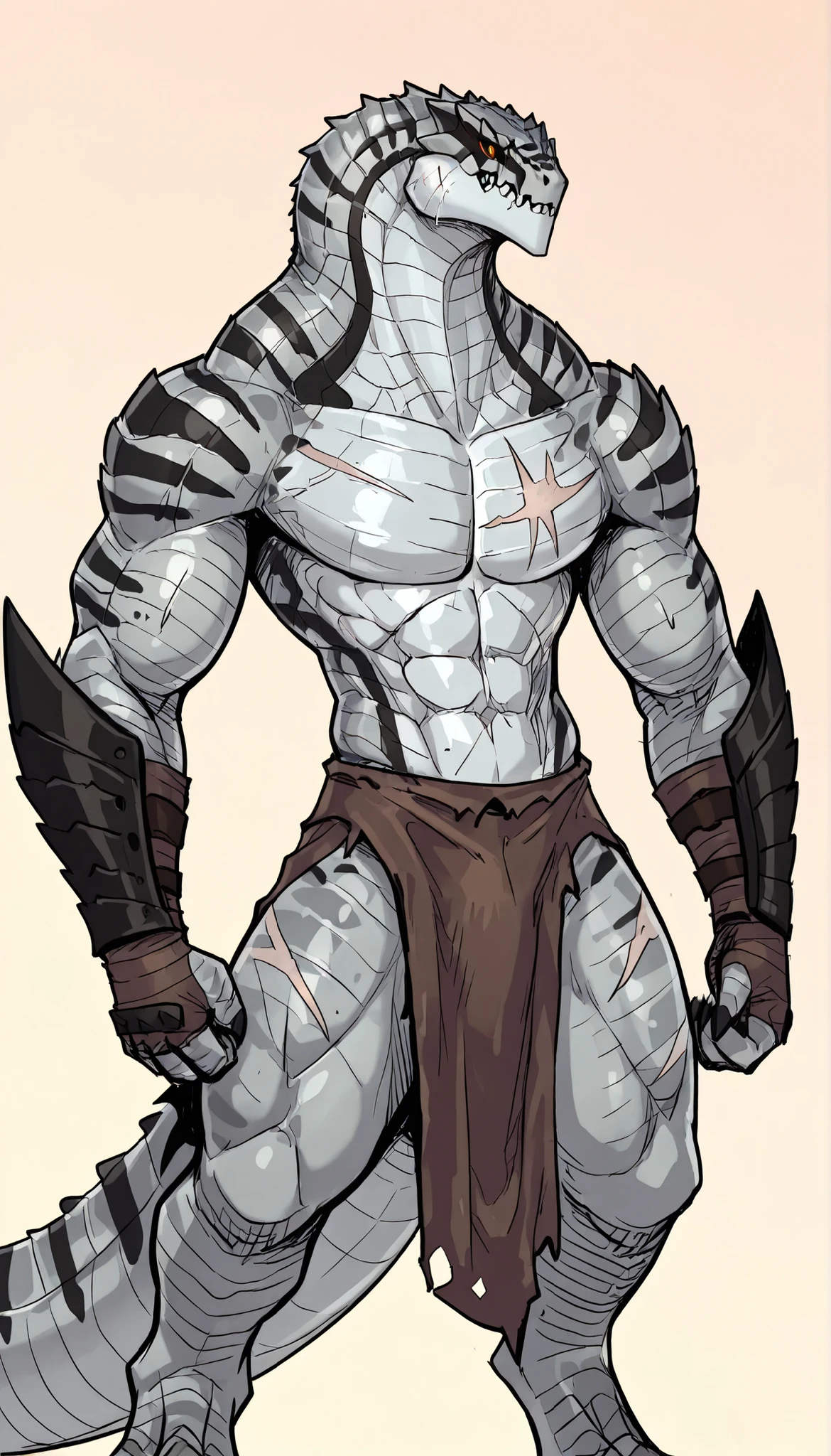 Muscular monster lizardfolk, solo, blue tongued skink lizardfolk, strong, tribal clothing, black belly, scars on body, 1male solo, anthro, digitrade legs, muscular, thick tail, thick neck, marked jaw, wearing a loincloth, best quality, 4k, ultra-detailed, by laobai, by taran fiddler, by honovy, by null-ghost, by thebigslick, simple gradient background