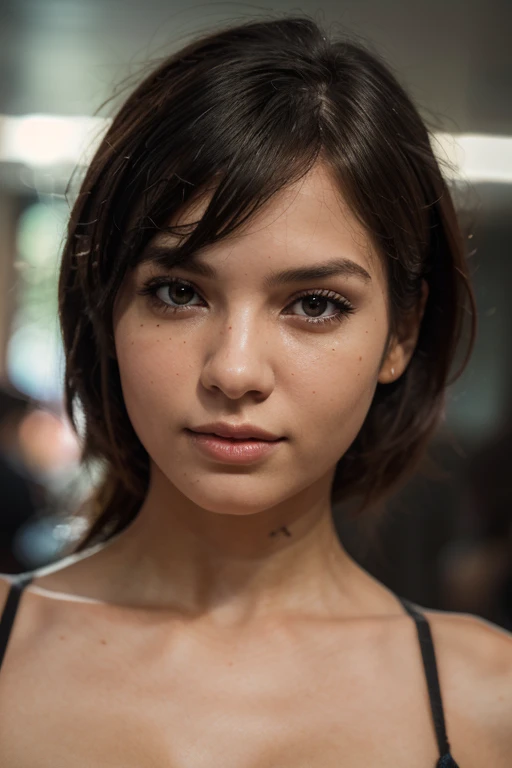 a girl with shoulder-length black hair and cat-like eyes , the defined face with the jawline and beautiful skin