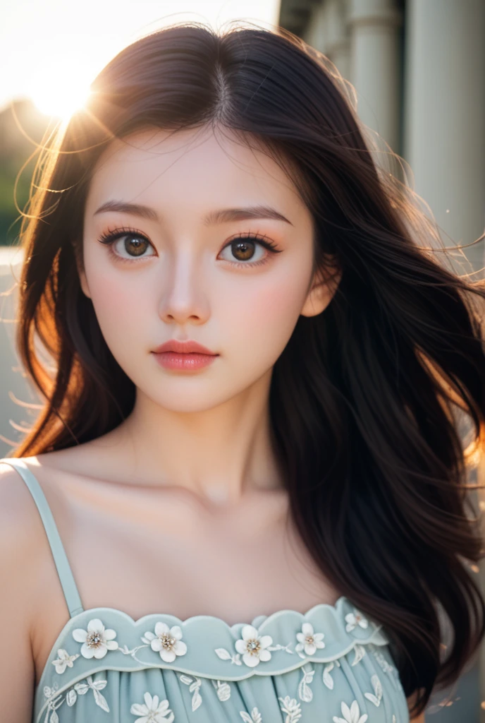 masterpiece, Best image quality, high quality, beautiful girl, Japanese, Japanese school girl, Popular Korean makeup, detailed, Swollen eyes, detailed eyes, detailed skin, Beautiful Skin, ultra High resolution, (reality: 1.4), so beautiful, A little younger face, Beautiful Skin, thin, (Ultra-realistic), (figure), (High resolution), (8K), (highly detailed), (best figure), (beautifully detailed eyes), (super detailed), (wallpaper), (detailed face), View your viewers, Fine details, detailed face, Pure  Face Ace_v1, smile, Look straight ahead, Look straight ahead, Angle from waist up, Realistic photos, Bright lighting, Professional Lighting, Black Hair (green), Long Hair, Dark Ruins, Big Red Moon, Gorgeous red and black dress, Mature Woman, Long and stylish bangs, 