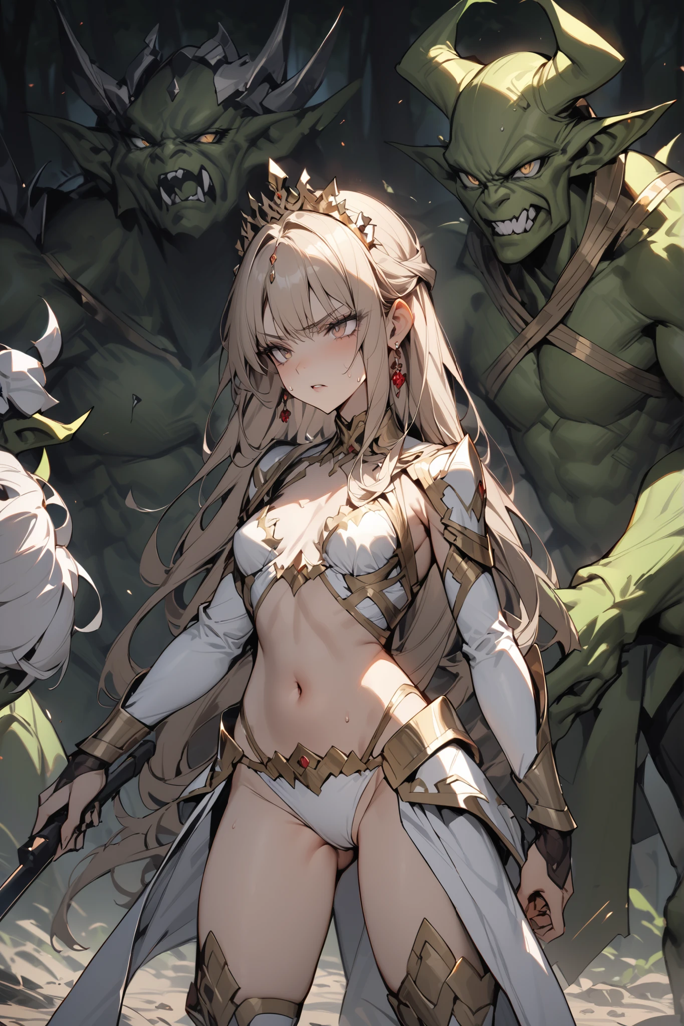 ((masterpiece,Highest Quality:1.2)),(1girl),slender,A slender empress fighting fiercely against a large number of goblins on the battlefield with martial arts,cowboy shot,beautiful skin,(Thin thighs), light brown very long hair,Perfect brown eyes , tree eyes  ,A slender empress who stares sideways at the goblin with a serious expression,sweat, Emergency Situation,gold tiara,pure white bikini armor with gold embellishments,Navel-baring look,Gold Earrings,white heels with gold decorations