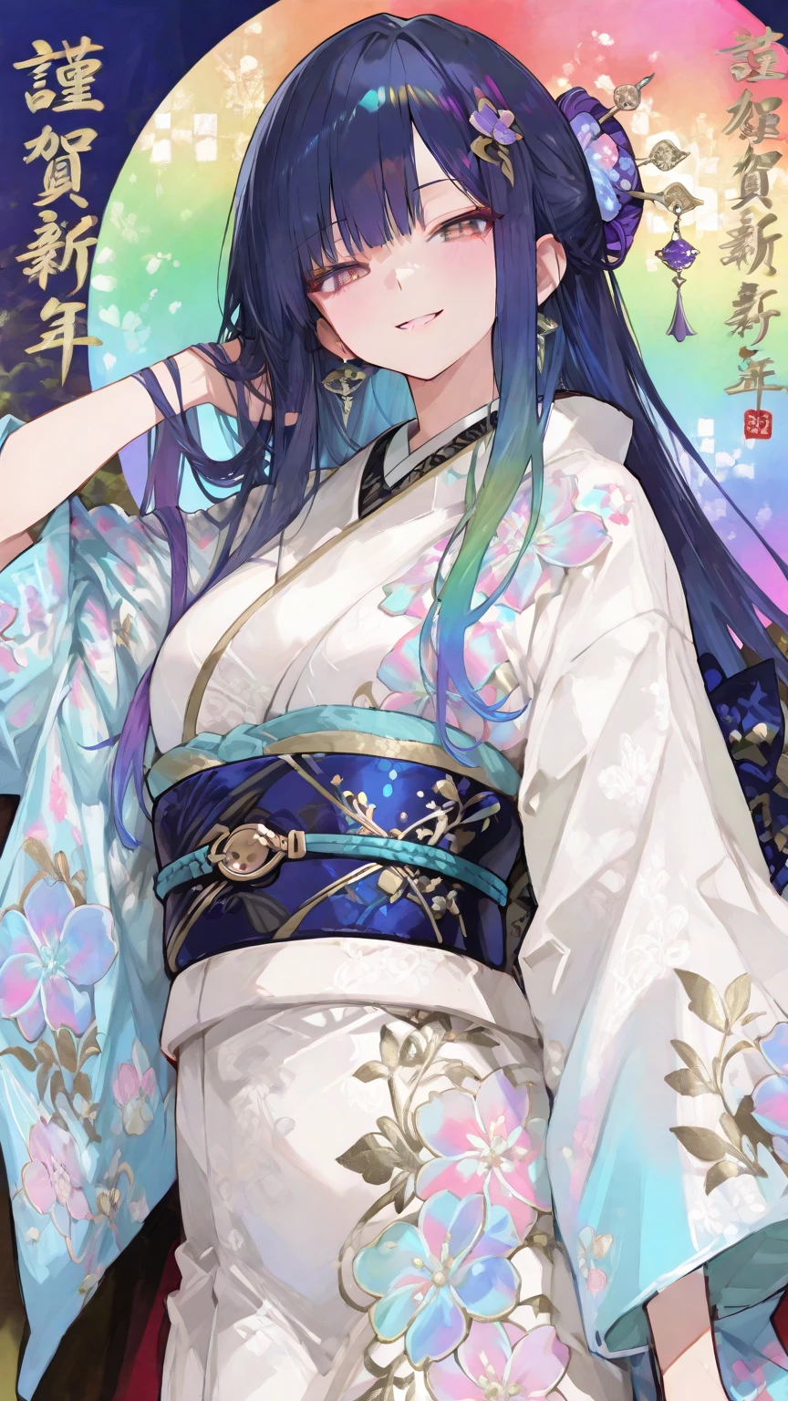 1 girls、girls(Long, brightly iridescent hair、lots of gorgeous hair ornaments、 20 worn out )、detailed and clear eyes、straight hair、standing neatly、hair spreading in the wind all over the screen、Kimono(黒地に虹色の模様のKimono、色とりどりのKimonoの重ね着、Luxurious dark blue belt、Beautiful hairpin )、Dance gracefully 、mischievous smile、watching viewers、rainbow background、Rim designed in the background 、masterpiece、Highest Quality、 no text、no logo、Close-up of face。
