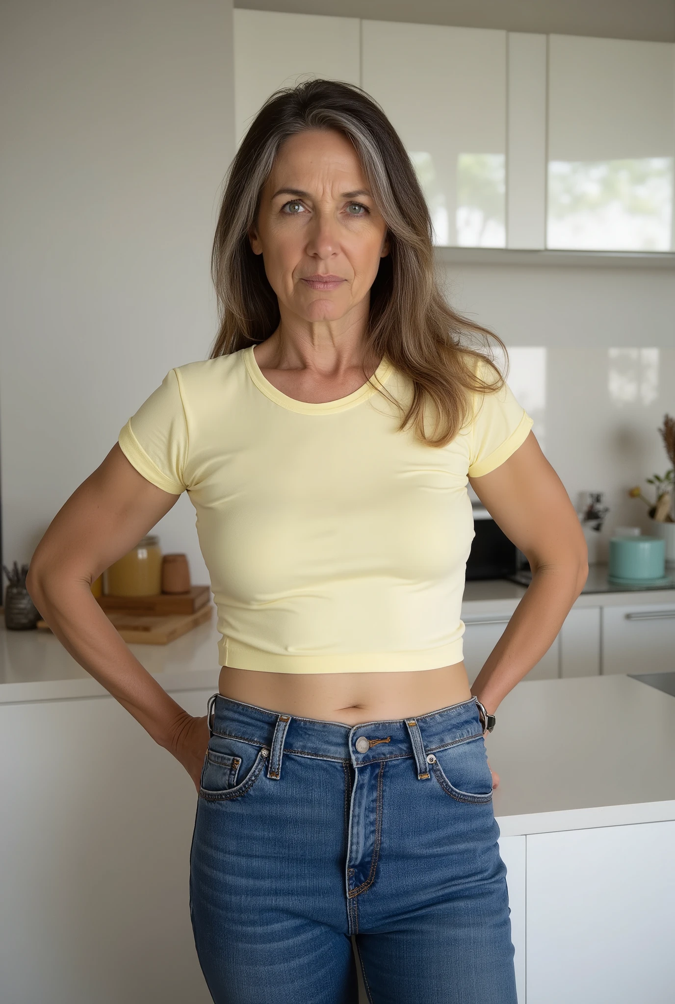 Candid portrait of a mature woman, age 59, white European, aged beauty, full body shot from head to thighs. Low-angle perspective, towering over the viewer, exuding authority. Rear three-quarter view with emphasis on narrow waist and strong . Long straight brunette hair with natural grey strands, side-parted, flowing down to her waist. Stern facial expression with piercing eyes, strict and uncompromising gaze directed at the viewer. Chin slightly raised, eyebrows drawn subtly together, lips pressed into a firm line, radiating discipline and control. Hands planted firmly on her waist, shoulders back, posture rigid and commanding. Leaning against a modern kitchen counter in a way that asserts control over the space. Outfit: pale yellow fitted crew-neck t-shirt with short cap sleeves, tucked into high-waisted, form-fitting jeans. Natural mature beauty with crow’s feet, fine lines, and textured skin, adding realism. Set in a clean, modern kitchen, morning light streaming through to highlight her strict features. Photographic style: contemporary documentary realism, ultra high resolution, highly detailed textures in skin, hair, and fabrics.