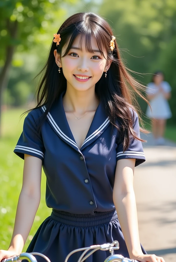 Image resolution 8K、masterpiece:1.3)、Beauty、1 female、(魅力的なbody:1.2)、abdomen:1.1、Dark Brown Hair:1.1、(body:1.2)、Ultra-detailed face、Attractive lips、double eyelid、Super realistic and detailed super cute in a white short sleeved zippered sailor suit and pink skirt、Japanese 、Japanese women、10th generation(17 years old)、Smiling with a nice smile、Hair fluttering in the wind、Playing with a cute puppy on the grass in the park、