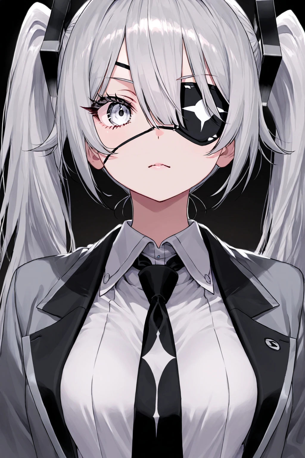 (((colored yellow eyes with greyscale background))), 1girl, woman, solo, long hair, big hair, (forehead:1.2), (round sunglasses:1.19), yellow eyes, , devilish grin from below, white hair, (overcoat, black coat, :1.2), white shirt, collared shirt, ( , shoulder strap:1.15), black leather shorts, garter belt, gloves, ((from below)), elegant, looking at viewer, standing, chromatic aberration, (close-up to face:1.2), face only masterpiece, best quality, 4k