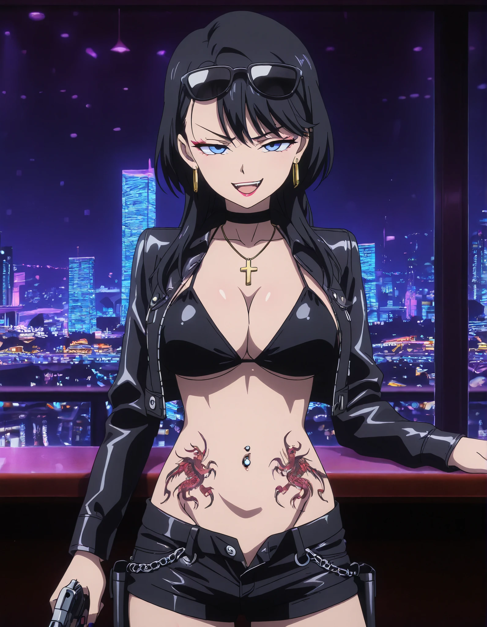 masterpiece, best quality, amazing quality, girl, short hair, black hair, blue eyes, loop earrings,,nail polish , , makeup , ear piercing , long hair , lipstick , Hot girl , baddie , smoking , sensual , attractive , choker , cross necklace , bar background, inside bar, indoors, cityscape, casino, nightclub, city lights,, masterpiece , best quality , highly detailed , a girls with a gun , evil smile , open mouth , gaze , badass pose , evil smile , smile , () , guns blazing , anime girl with long hair , beautiful long haired girl , navel , evil expression , exposed belly , exposed navel , exposed midriff , exposed lower belly , , cleavage , unbuttoned shorts , open fly , shorts , short shorts ,, leather jacket , holding a gun , holding pistol , unbuttoned shirt , collared shirt , knot , pull_down shorts , black short shorts , (show off panties , :1 . 2 , no panties) , zip up leather jacket , top ,,, navel piercing, sunglasses on head,,, shoulder holster, medium , waist dragon tattoo, narrowed eyes, tattoo waist, , anime screencap , anime coloring, looking at viewer , v-shaped eyebrows,