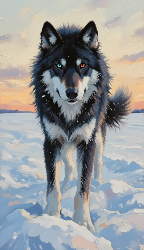 ultra detailed, masterpiece, best quality, acrylic painting style, black and white wolf, ((heterochromia: one blue eye, one red eye)), facing the camera, snow, snowing, tundra, dusk.