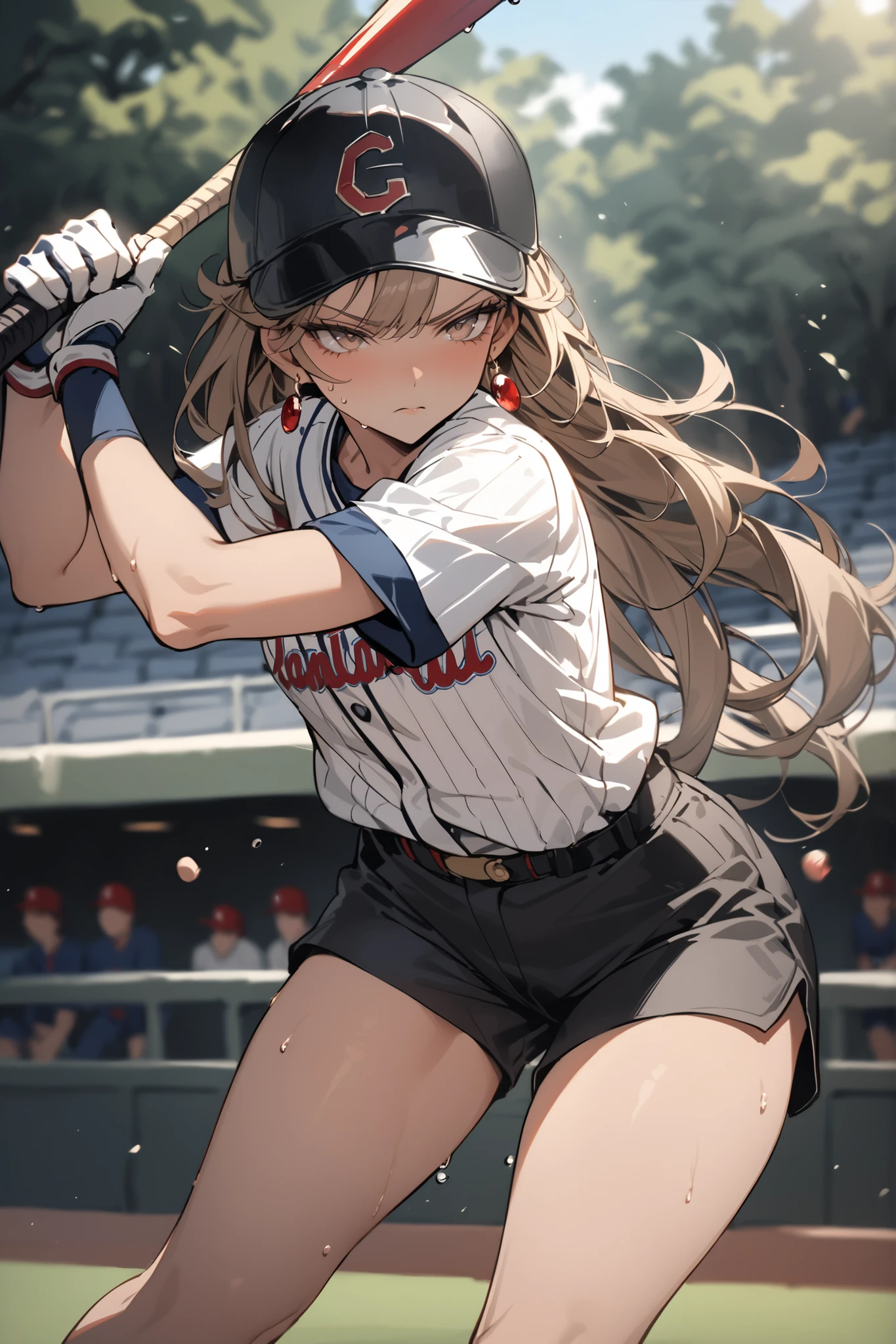 ((masterpiece,Highest Quality:1.2)),(soro),slender,A junior high school gal playing a baseball game on the stadium ground,cowboy shot,beautiful skin,(Thin thighs),(healthy tanned skin,) light brown very long hair,Perfect brown eyes , tree eyes ,Serious Expressionless,sweat,short sleeve baseball uniform,black shorts,Gold Earrings,Shake the wooden bat strongly,Beautiful batting form