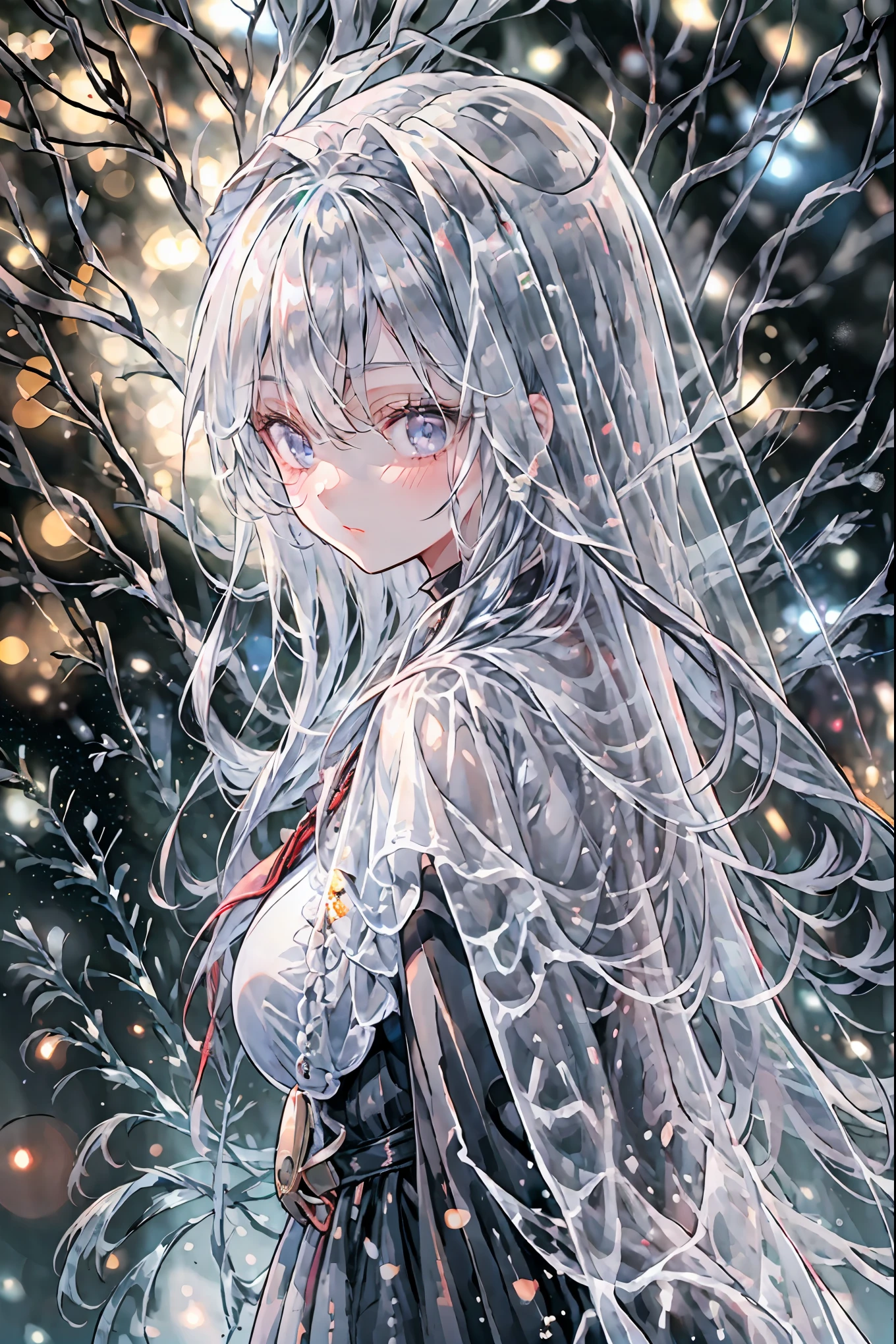 high-definition raw color photos, professional shooting, (((((Bokeh))))), written boundary depth, captured with a sony α7IV,prayer,Freezing Beauty、Gentle Gaze Occasionally Peeking Under a Ghostly Appearance masterpiece, Realistic, Beautiful Portrait, high resolution, Vivid Colors, Fine Texture, extreme detail depiction, Professional Shooting, Bokeh味, HDR, studio lighting, photorealistic expression, emotional expression, Frozen skin , Flowing Hair、Frozen Eyes、Transparent Underwear、Ice Background、in dark tones、mystical atmosphere